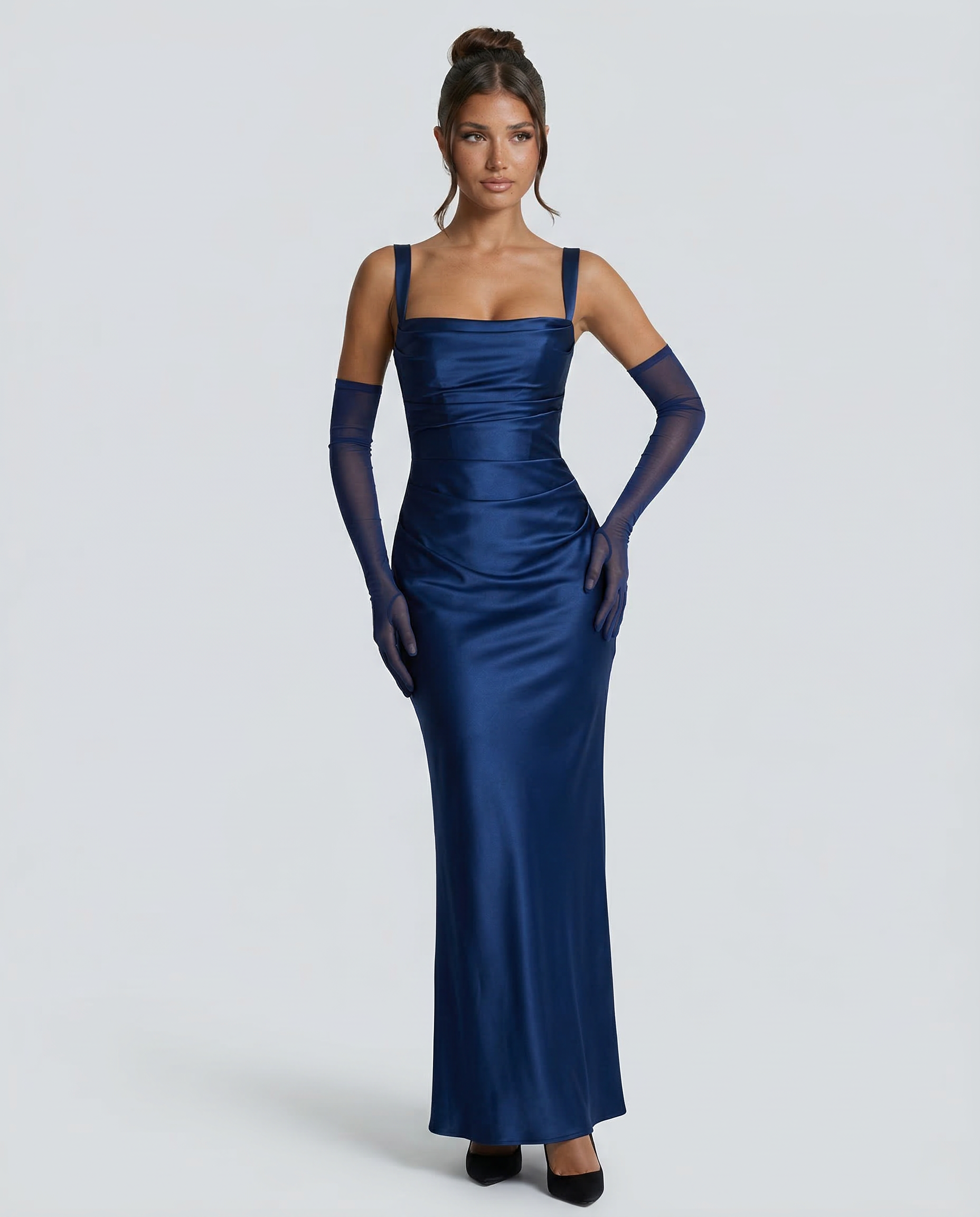 Satin Ruched Square Neck Maxi Dress