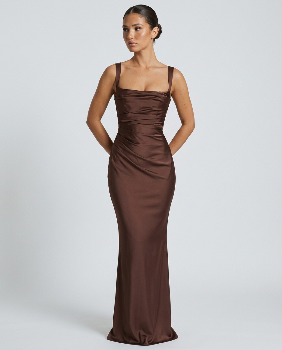 Satin Ruched Square Neck Maxi Dress