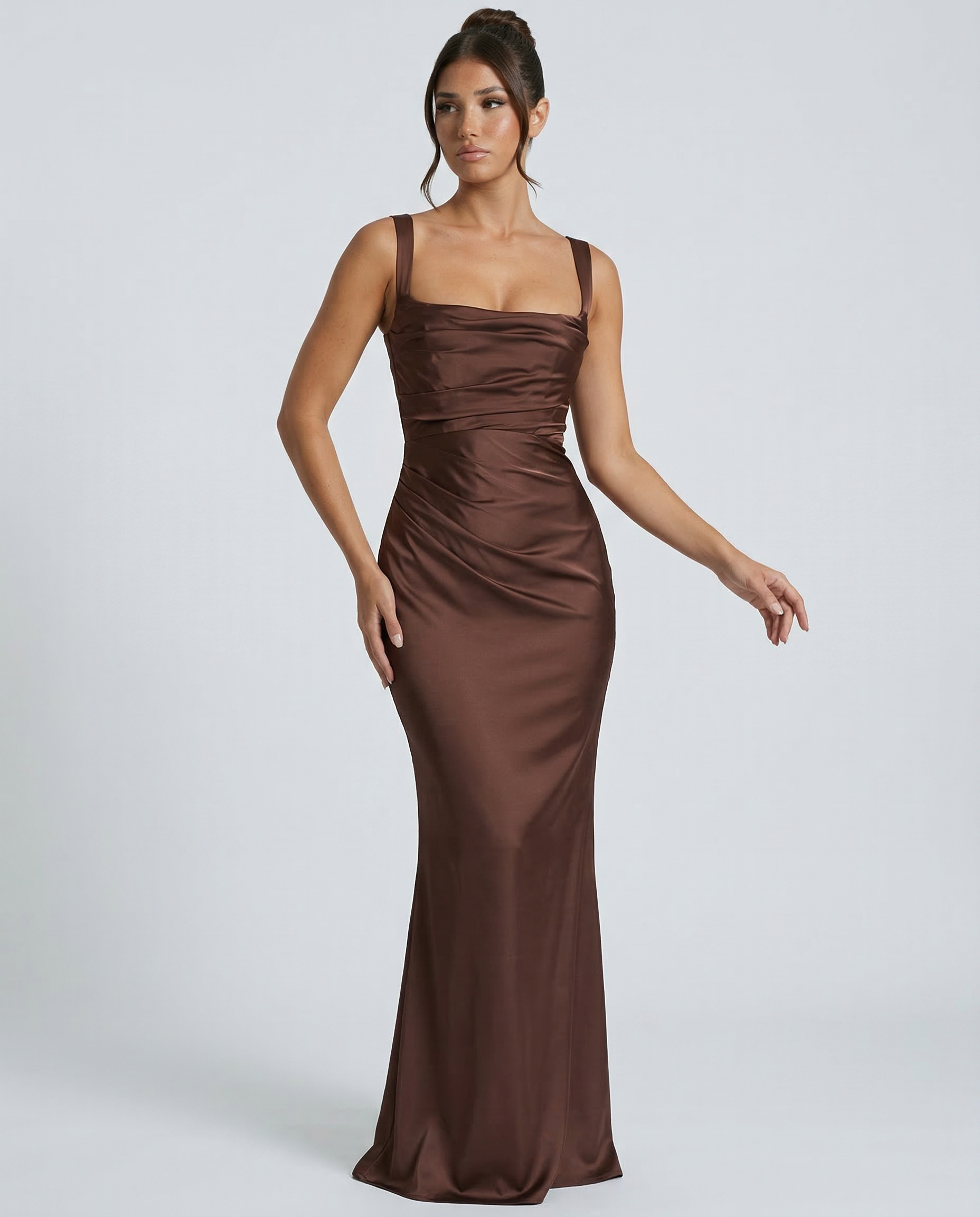 Satin Ruched Square Neck Maxi Dress