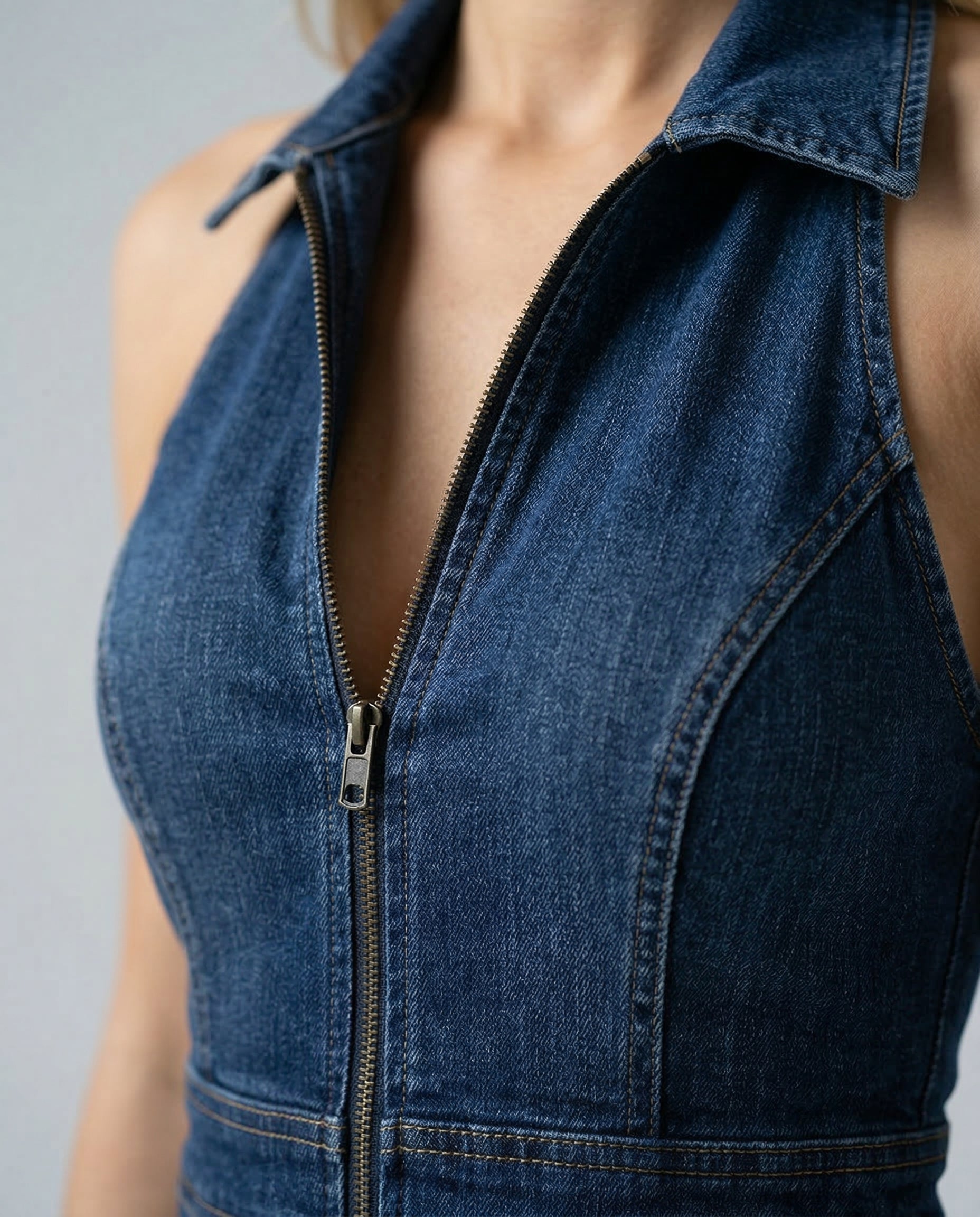 Denim Halter Flared Jumpsuit