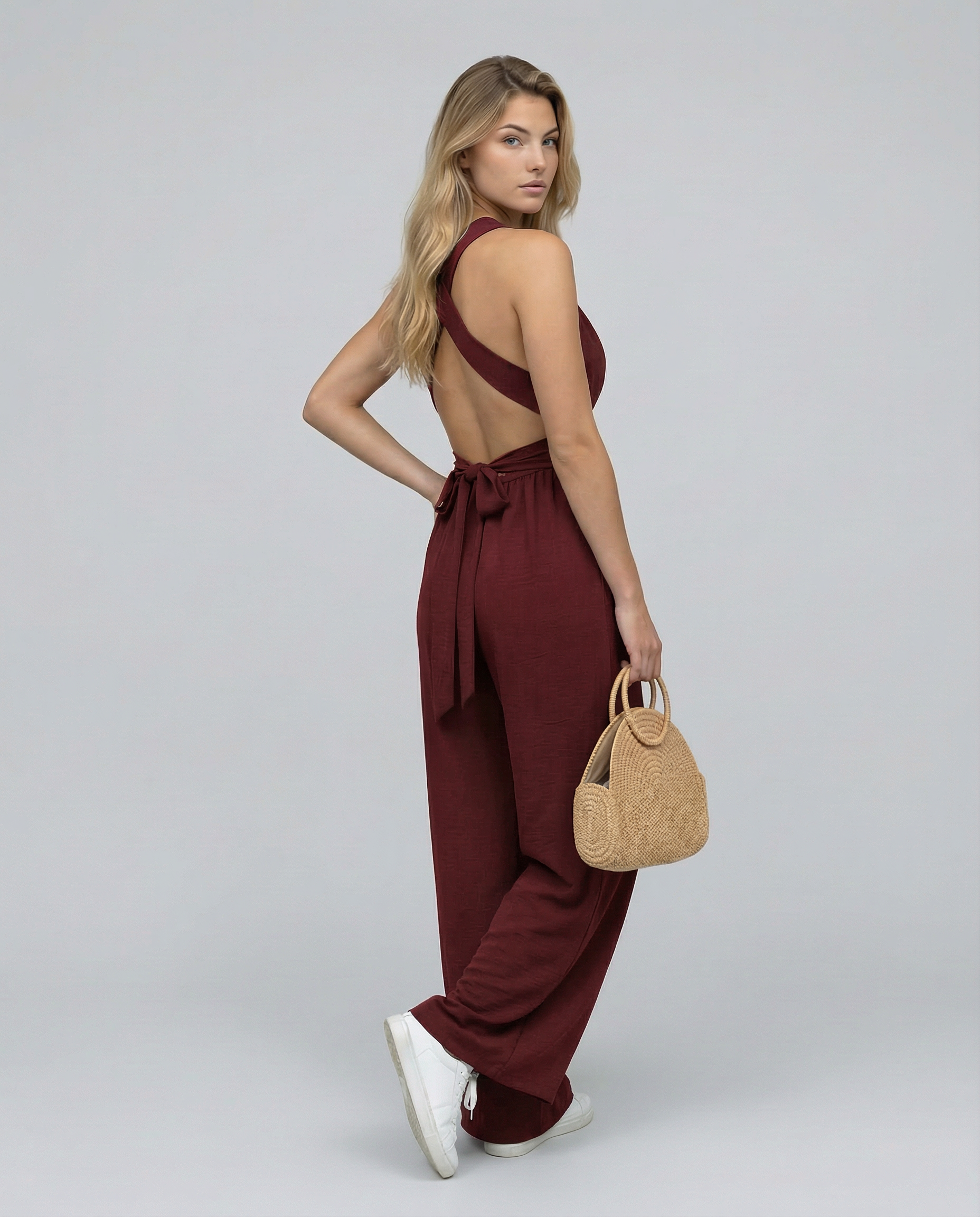 Crossback V-Neck Wide-Leg Jumpsuit