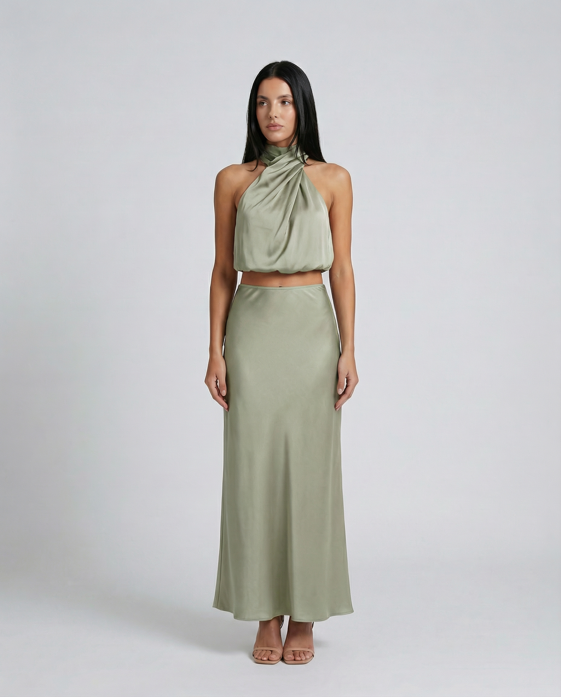 Satin Halter Bias Maxi Set