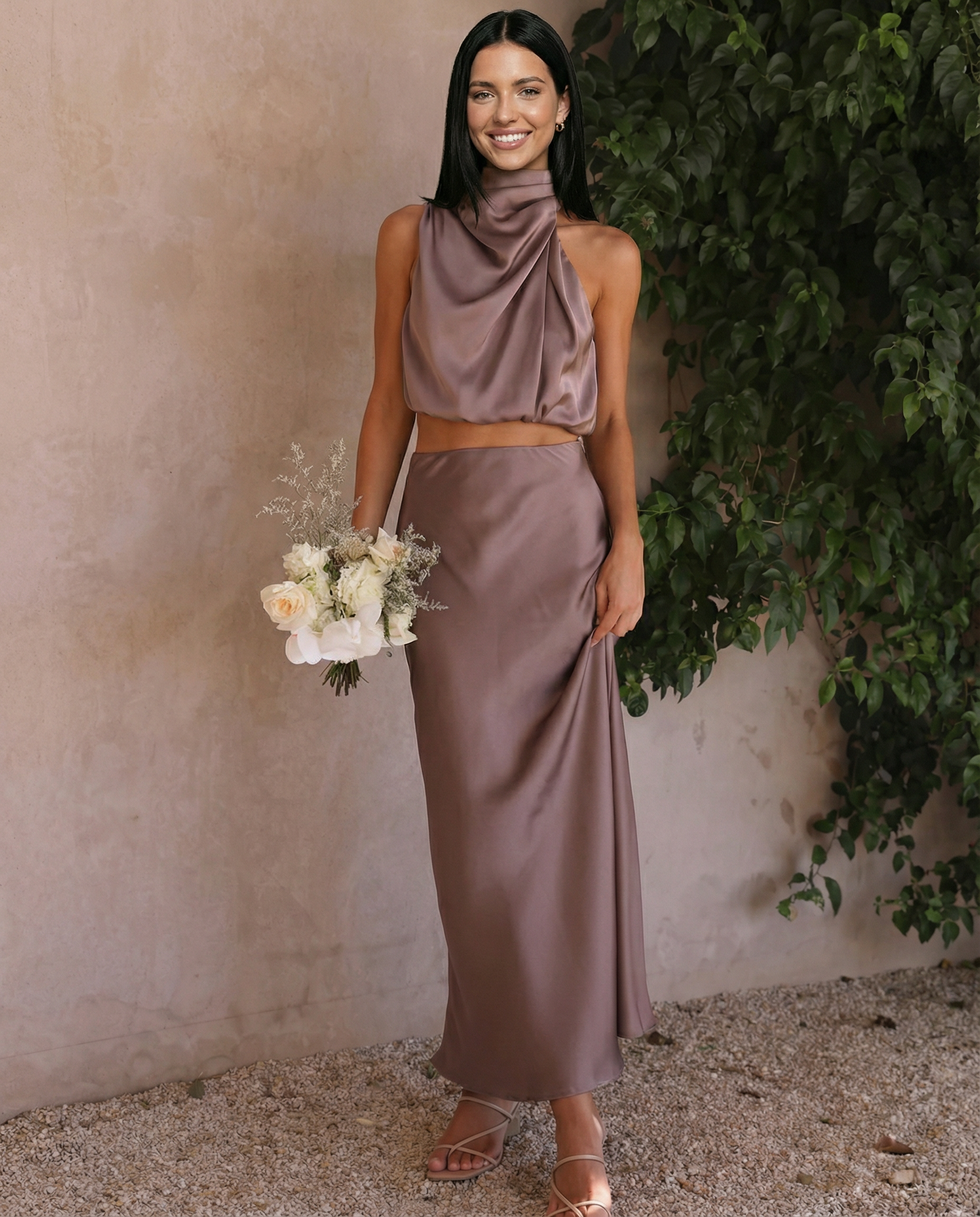 Satin Halter Bias Maxi Set