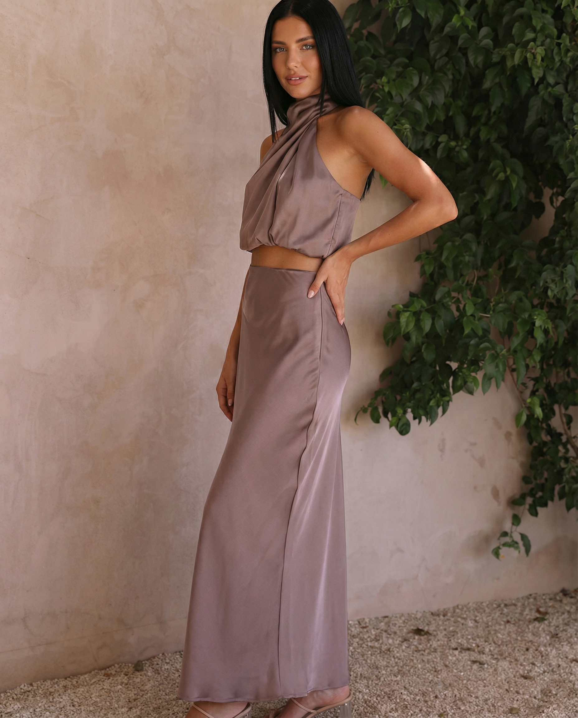 Satin Halter Bias Maxi Set