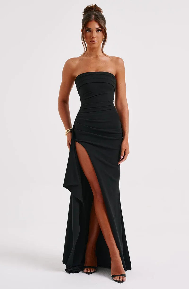Strapless Twisted High-Split Maxi Dress