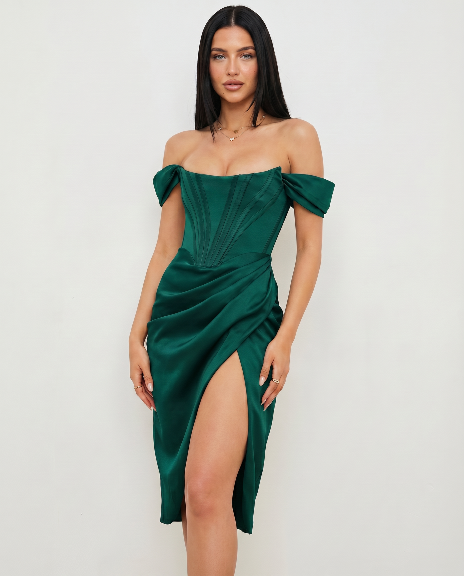 Satin Off-Shoulder Corset Midi Dress