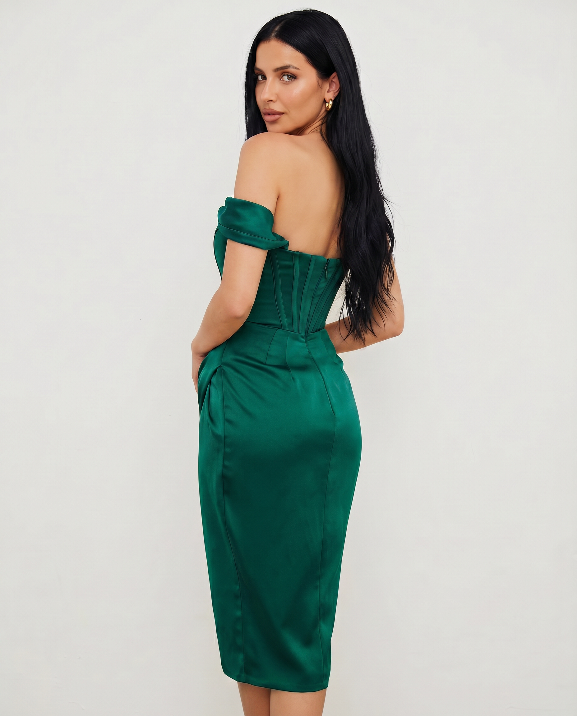 Satin Off-Shoulder Corset Midi Dress