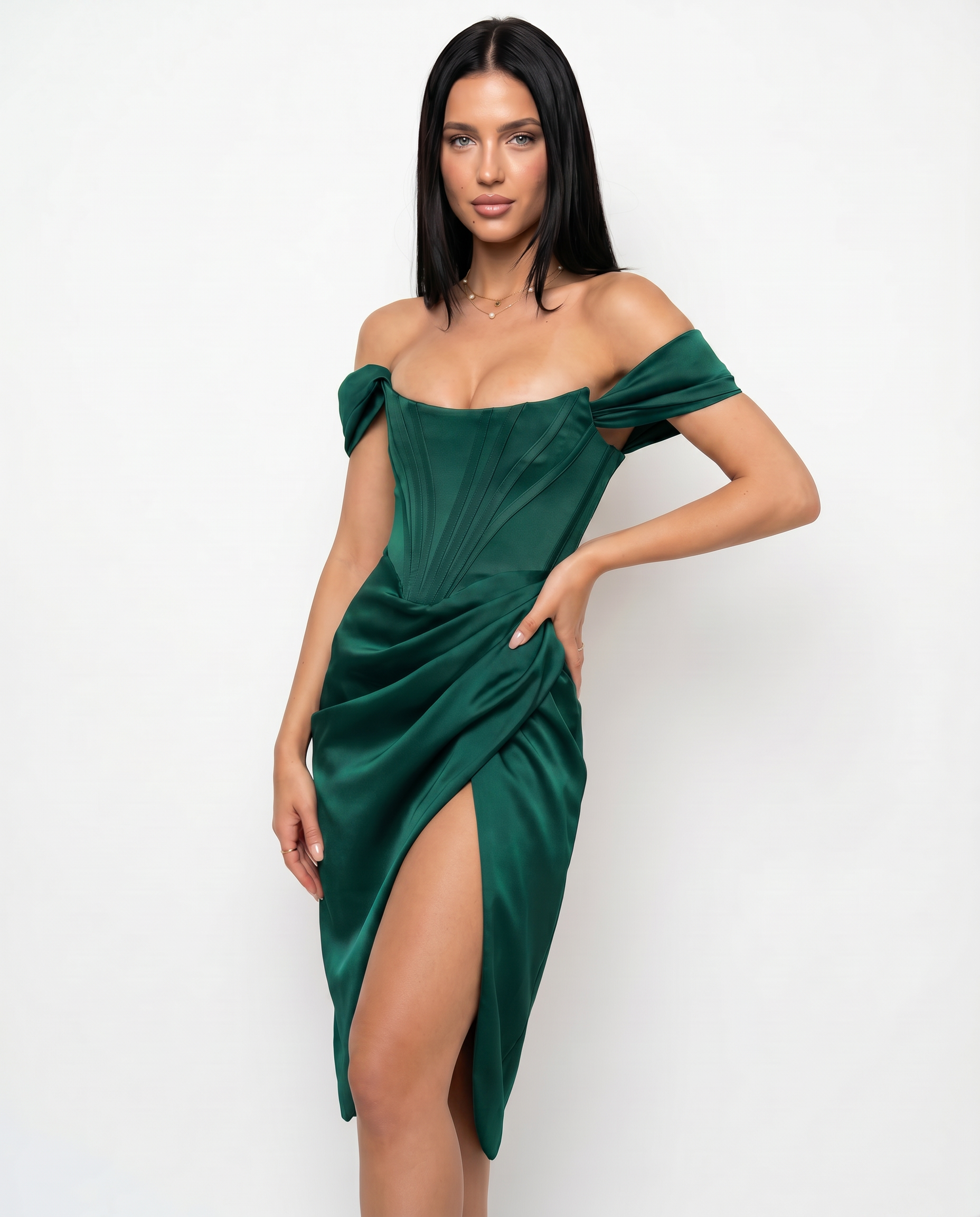Satin Off-Shoulder Corset Midi Dress