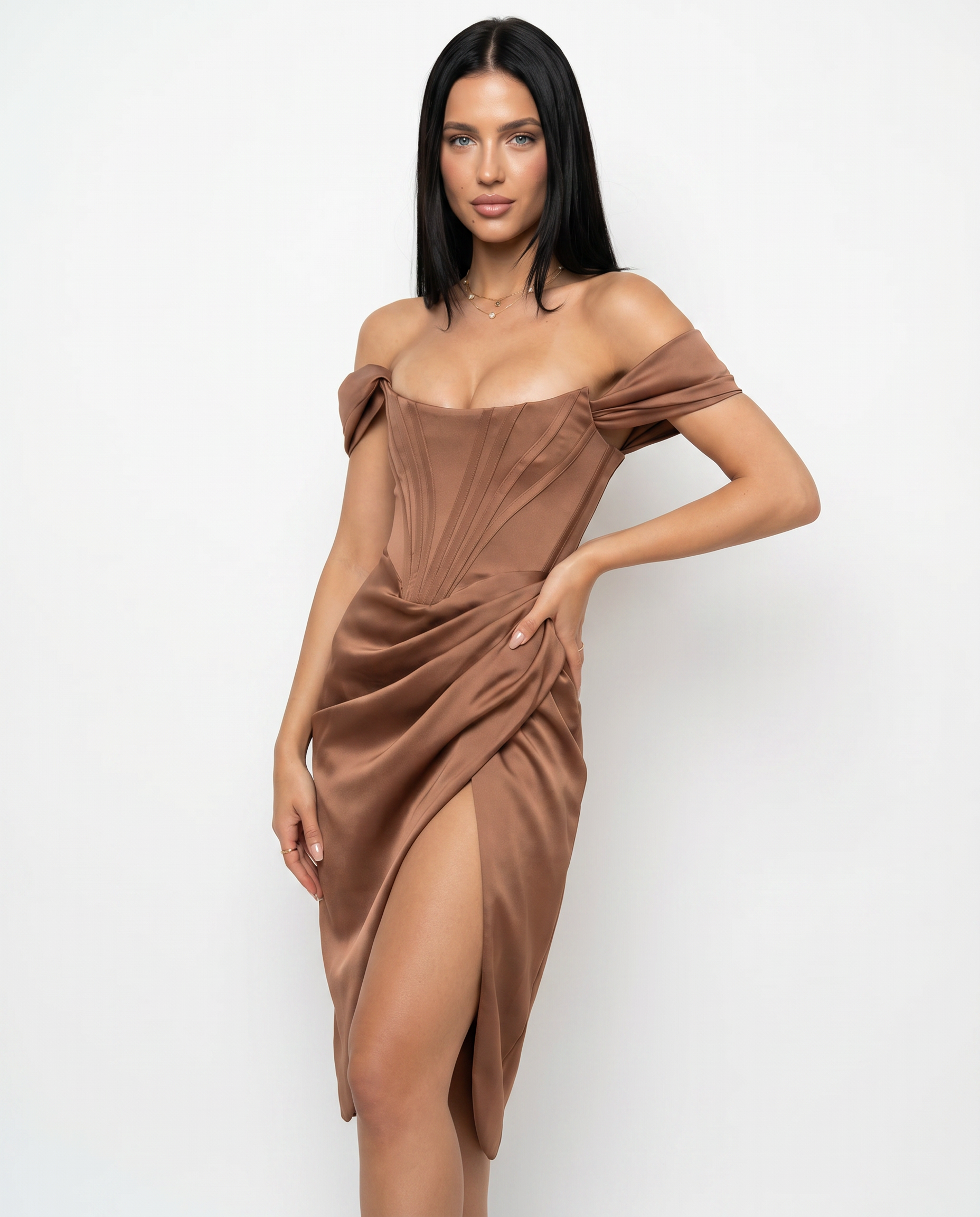 Satin Off-Shoulder Corset Midi Dress