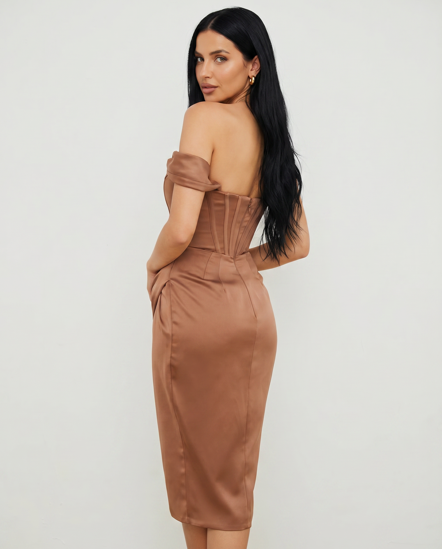 Satin Off-Shoulder Corset Midi Dress