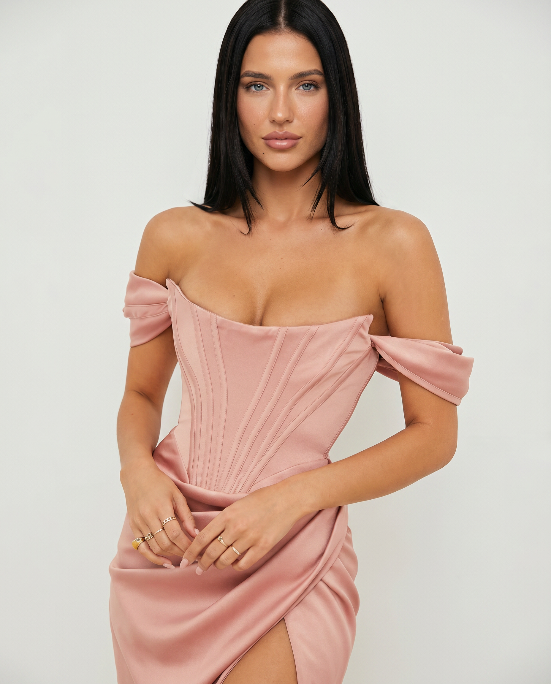 Satin Off-Shoulder Corset Midi Dress