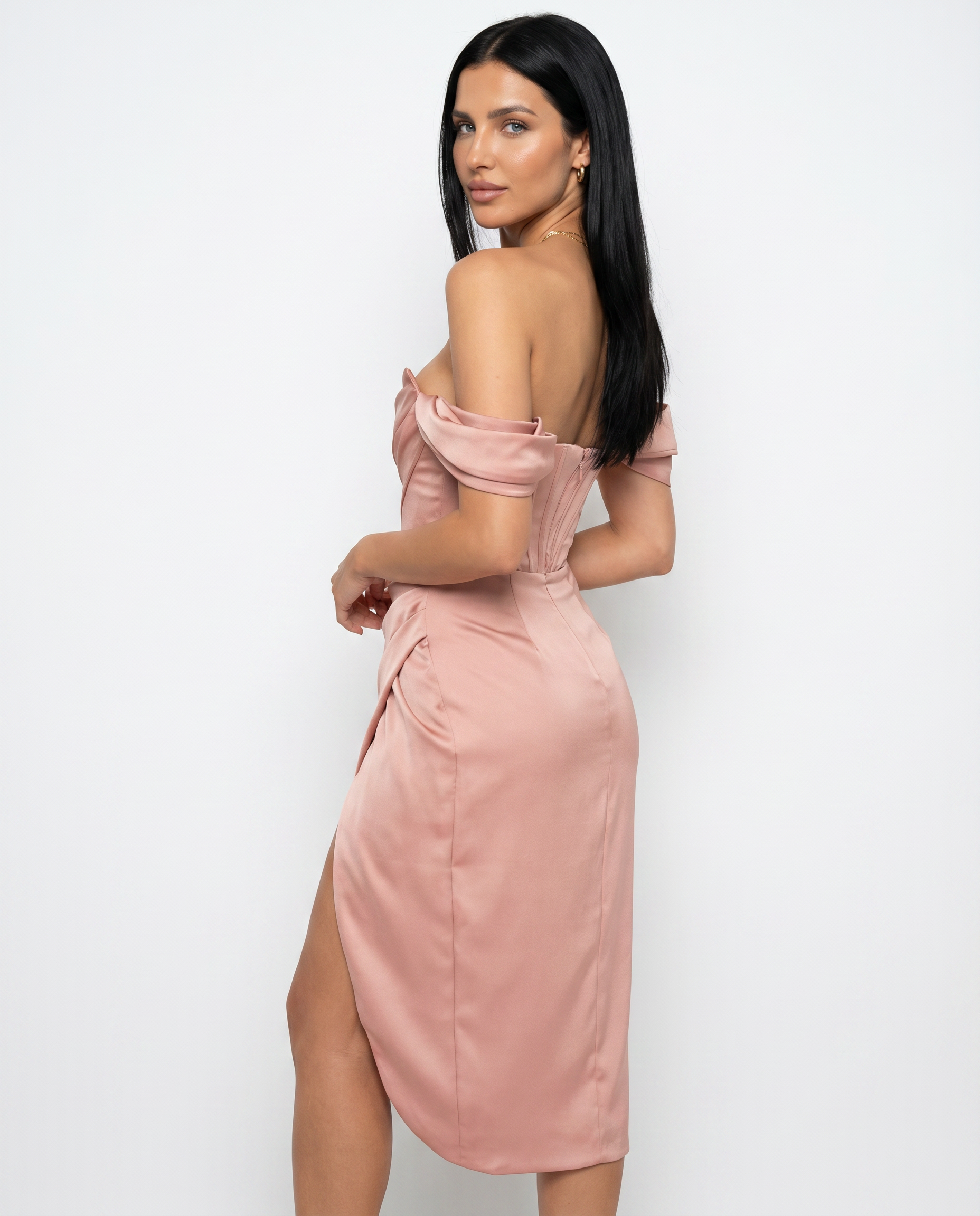 Satin Off-Shoulder Corset Midi Dress