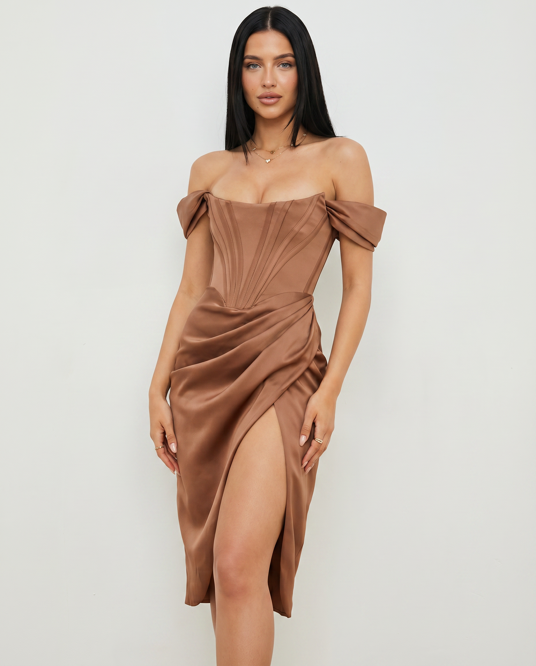 Satin Off-Shoulder Corset Midi Dress