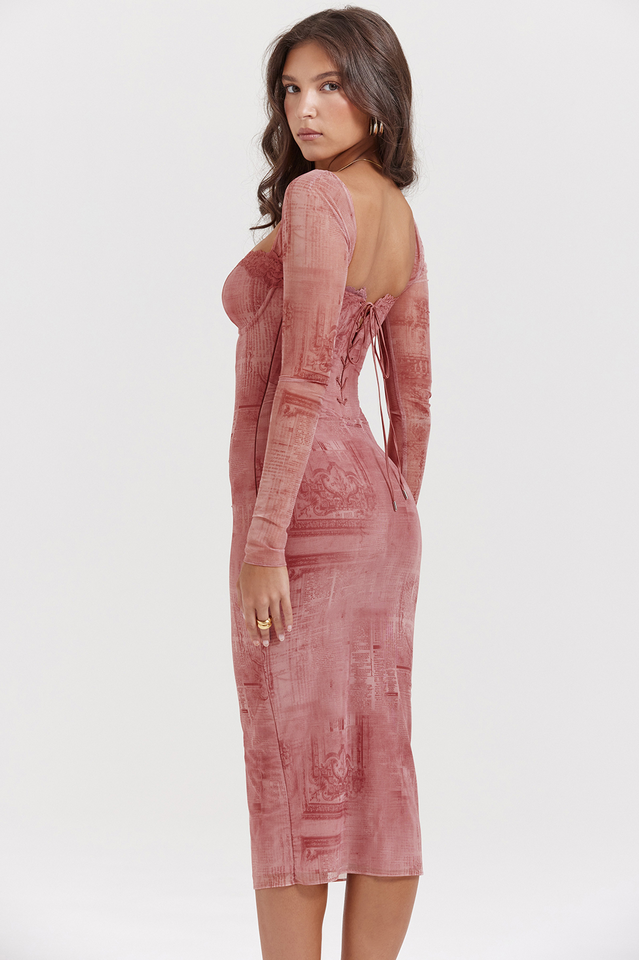 Printed Mesh Corset Midi Dress