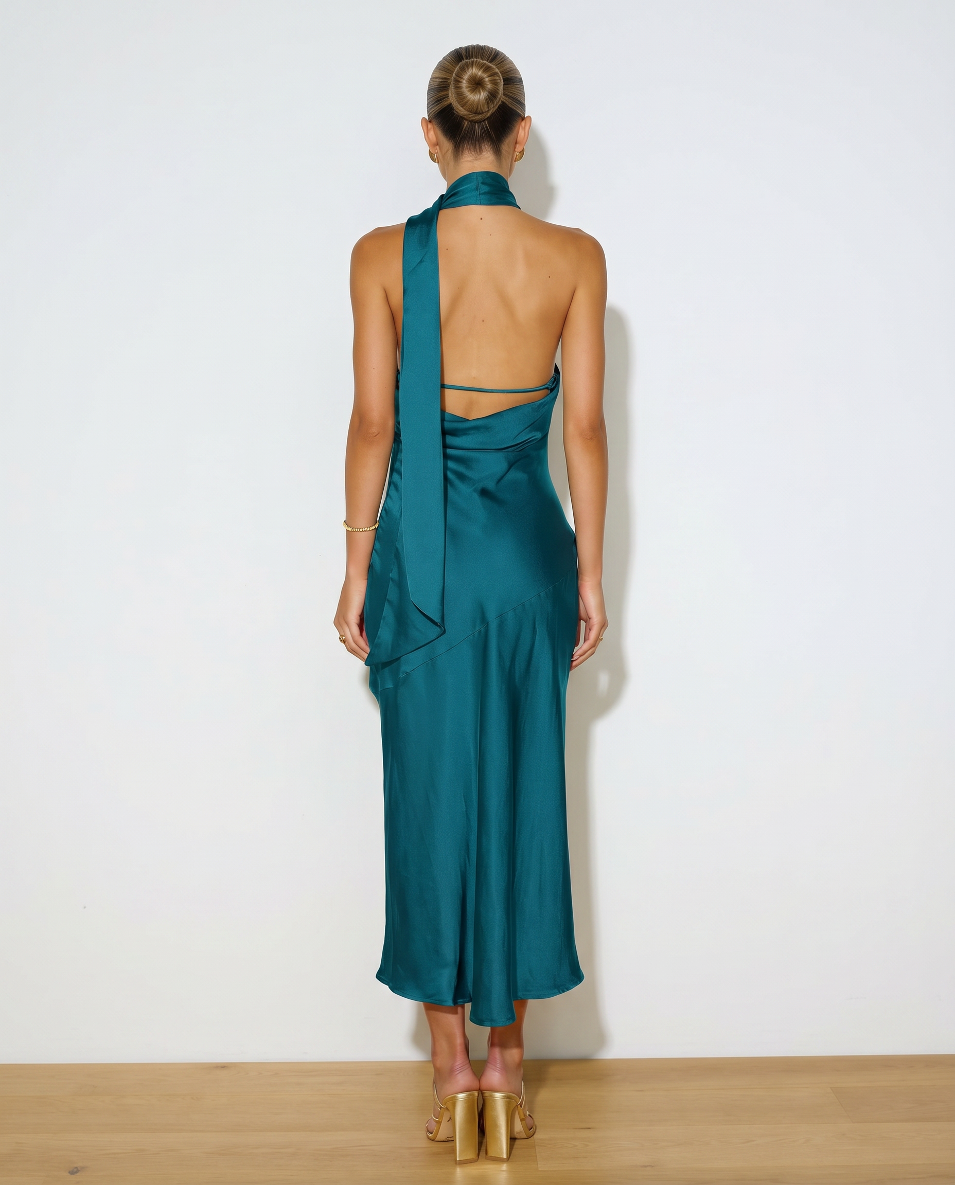 Satin Halter Open Back Midi Dress
