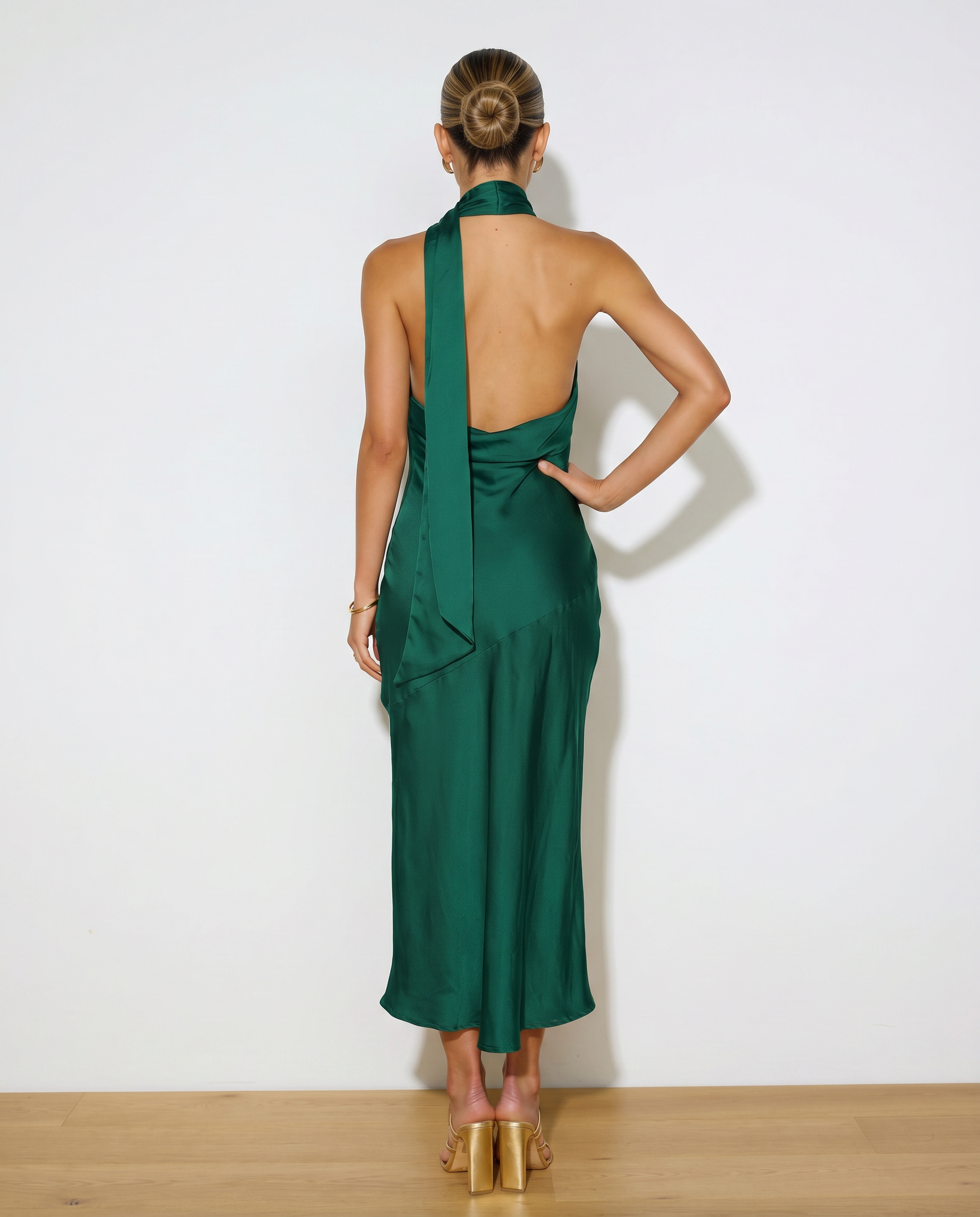 Satin Halter Open Back Midi Dress