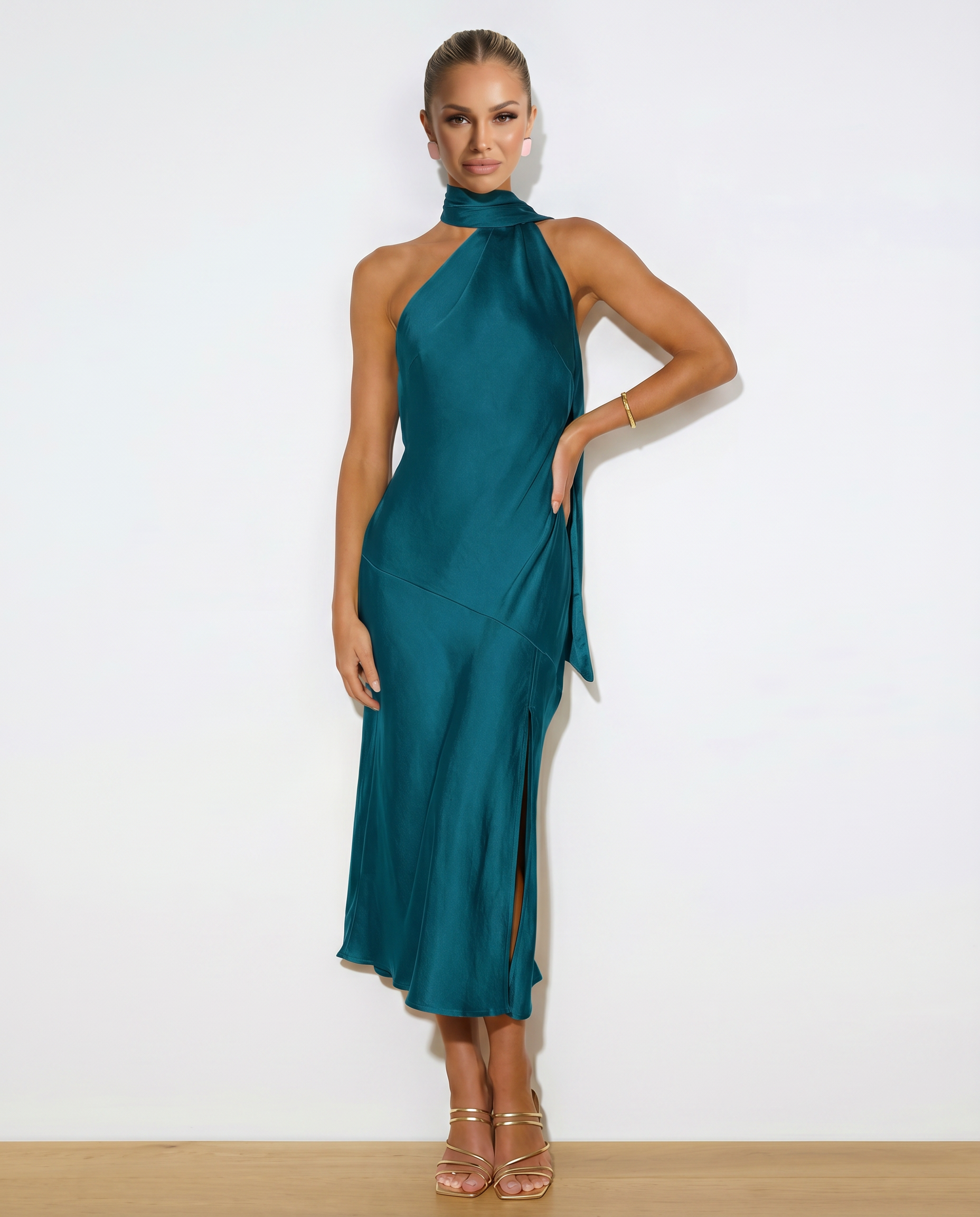 Satin Halter Open Back Midi Dress