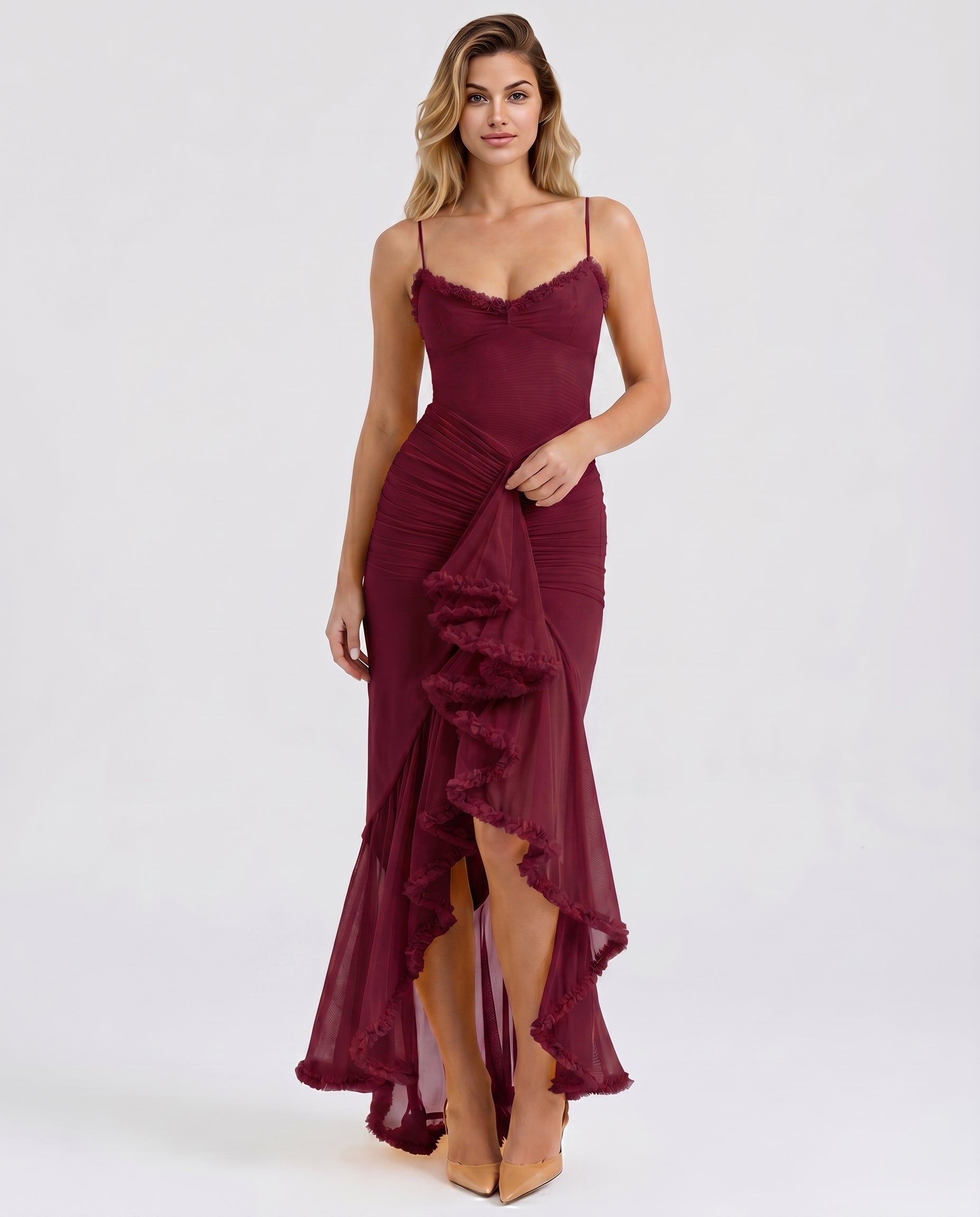 Ruched Mesh High-Low Ruffle Maxi Dress