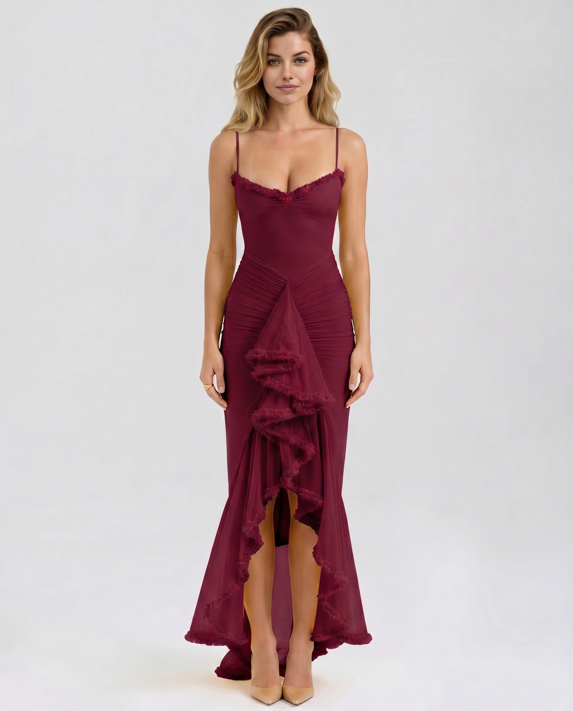 Ruched Mesh High-Low Ruffle Maxi Dress