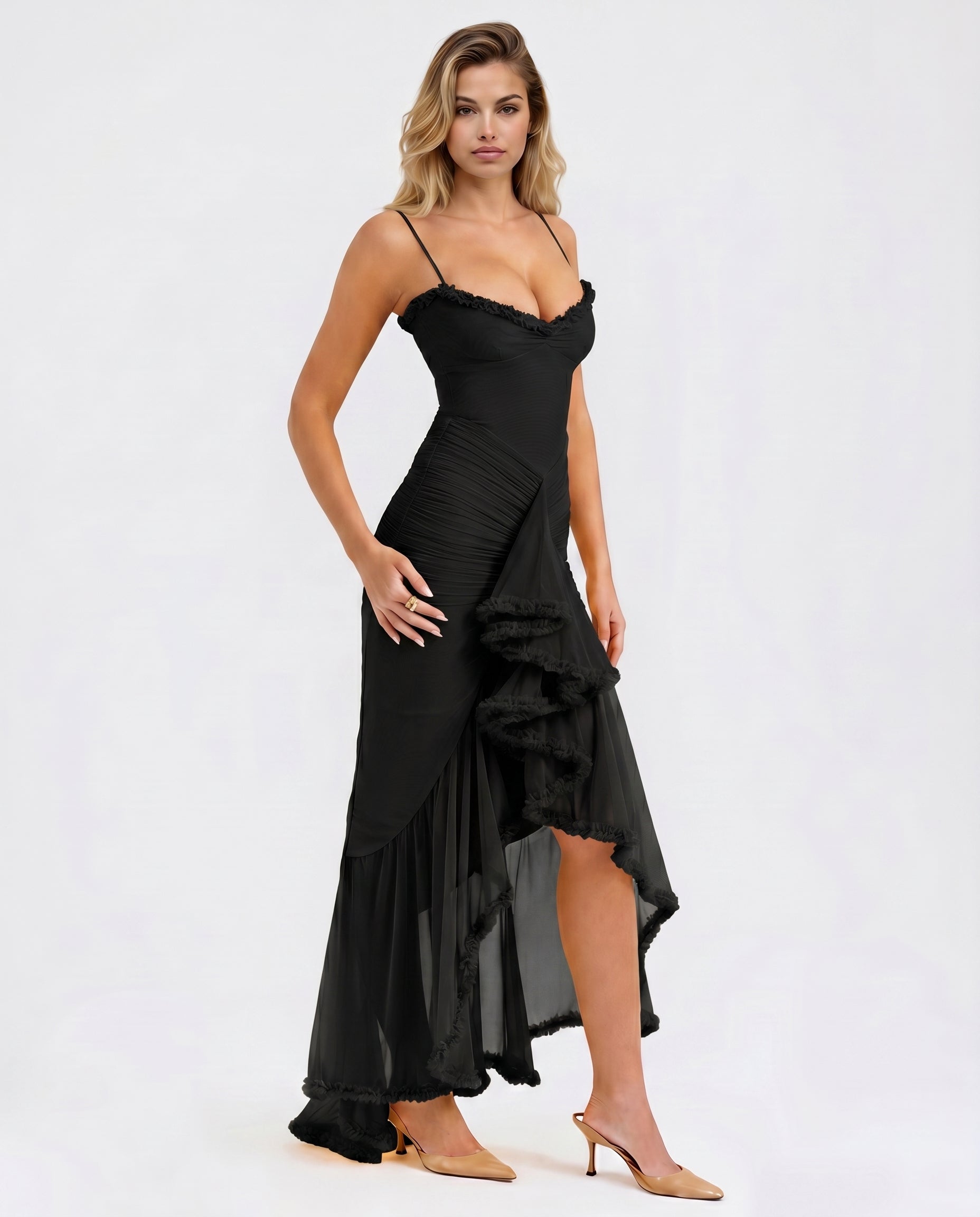 Ruched Mesh High-Low Ruffle Maxi Dress
