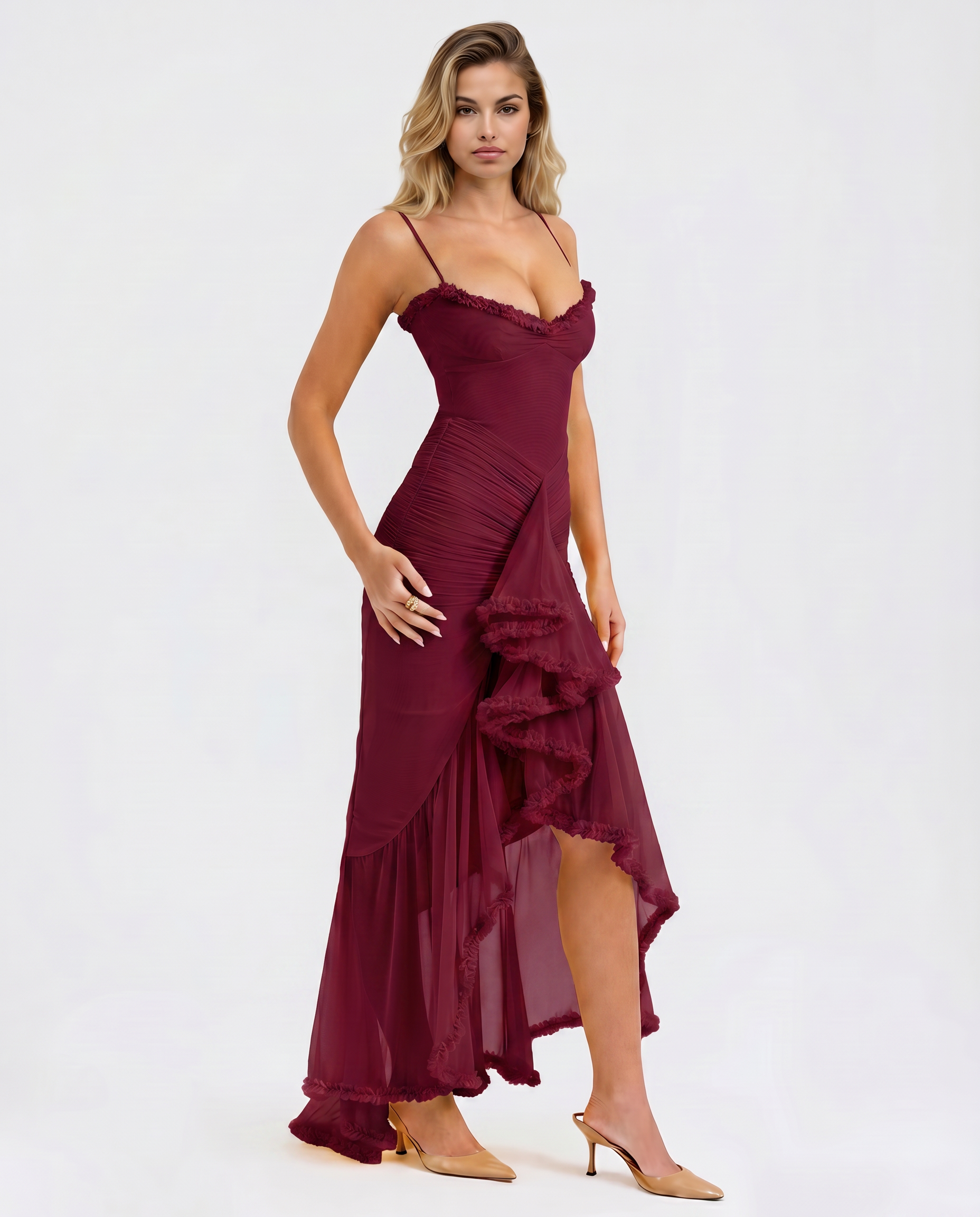 Ruched Mesh High-Low Ruffle Maxi Dress