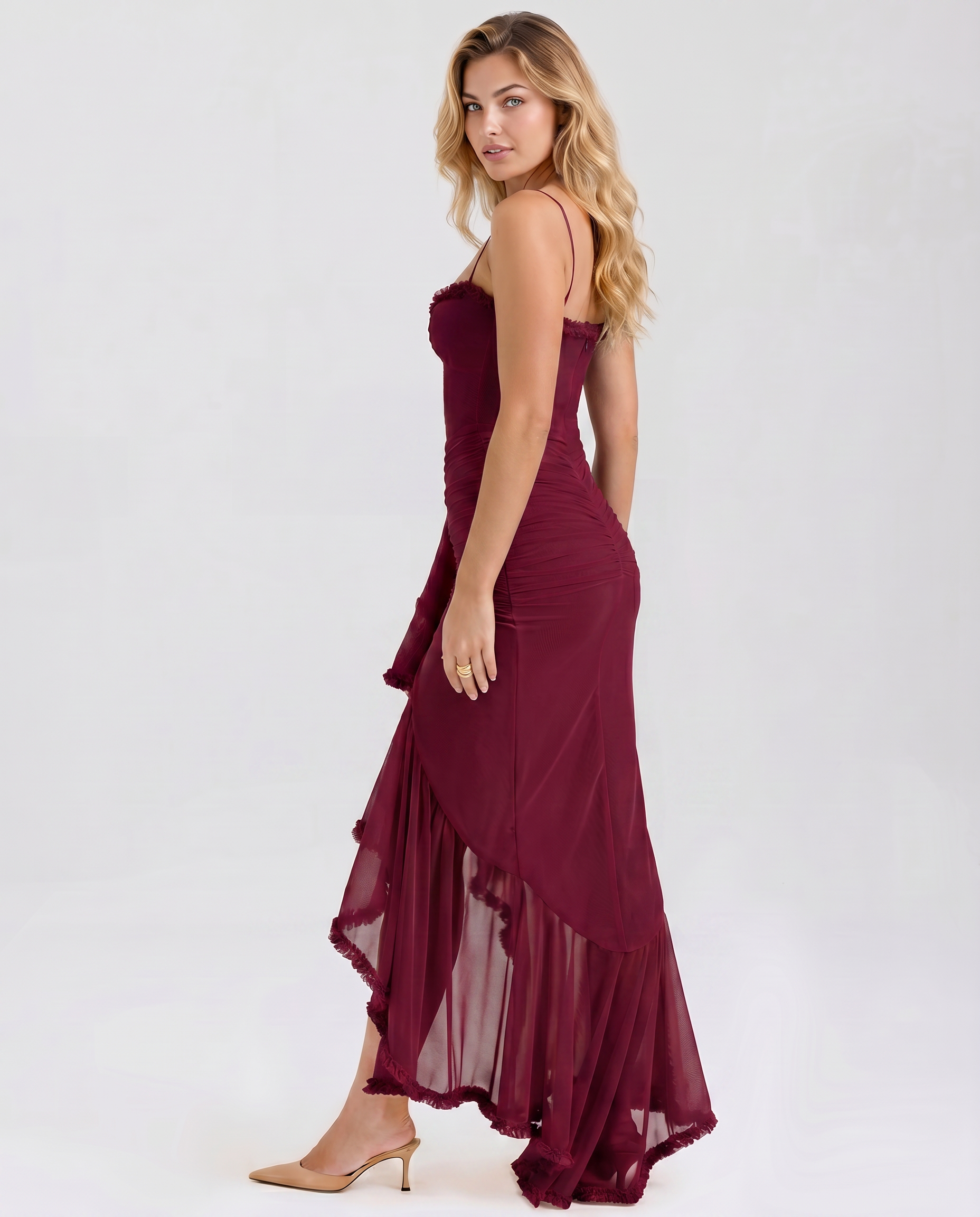 Ruched Mesh High-Low Ruffle Maxi Dress