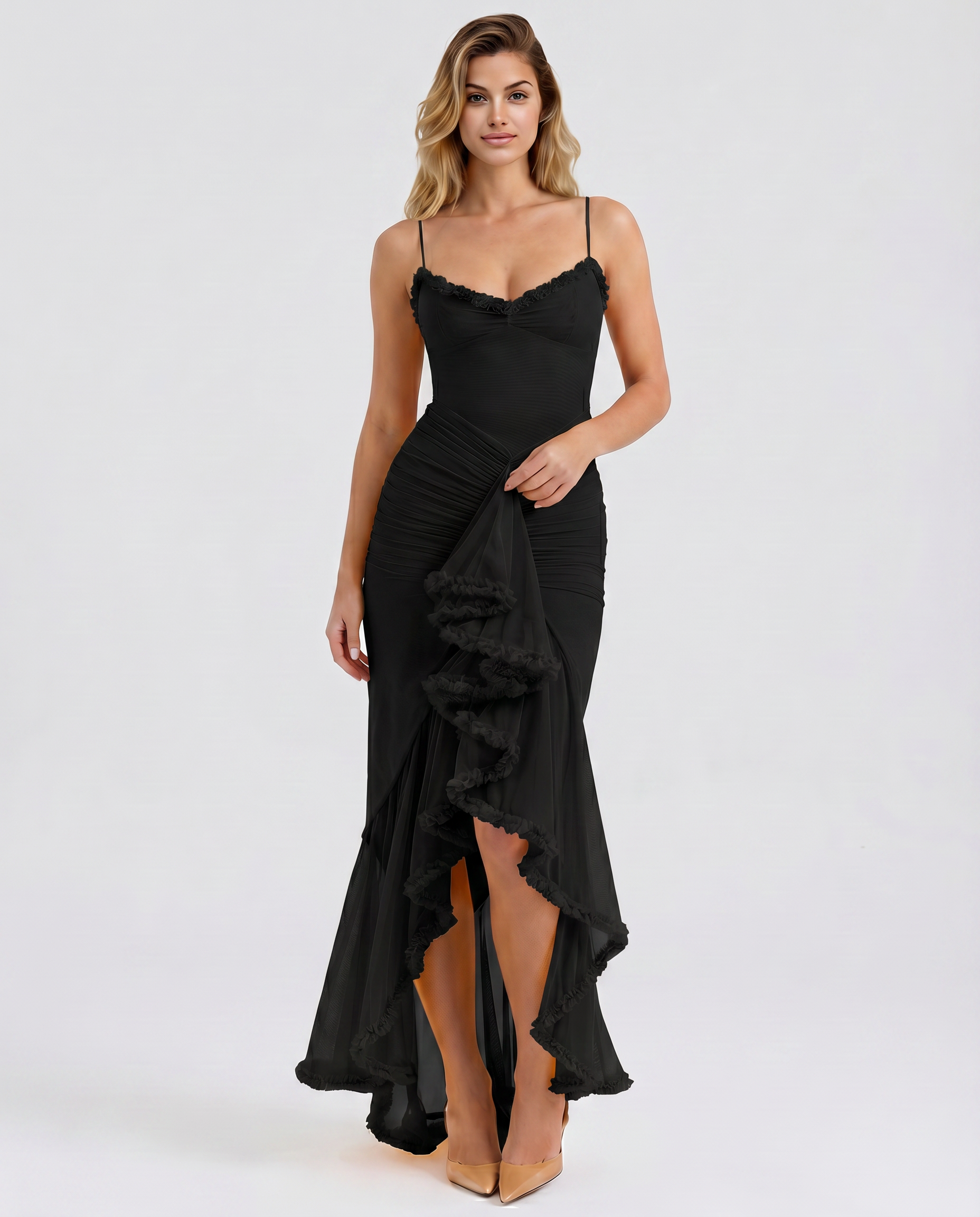Ruched Mesh High-Low Ruffle Maxi Dress
