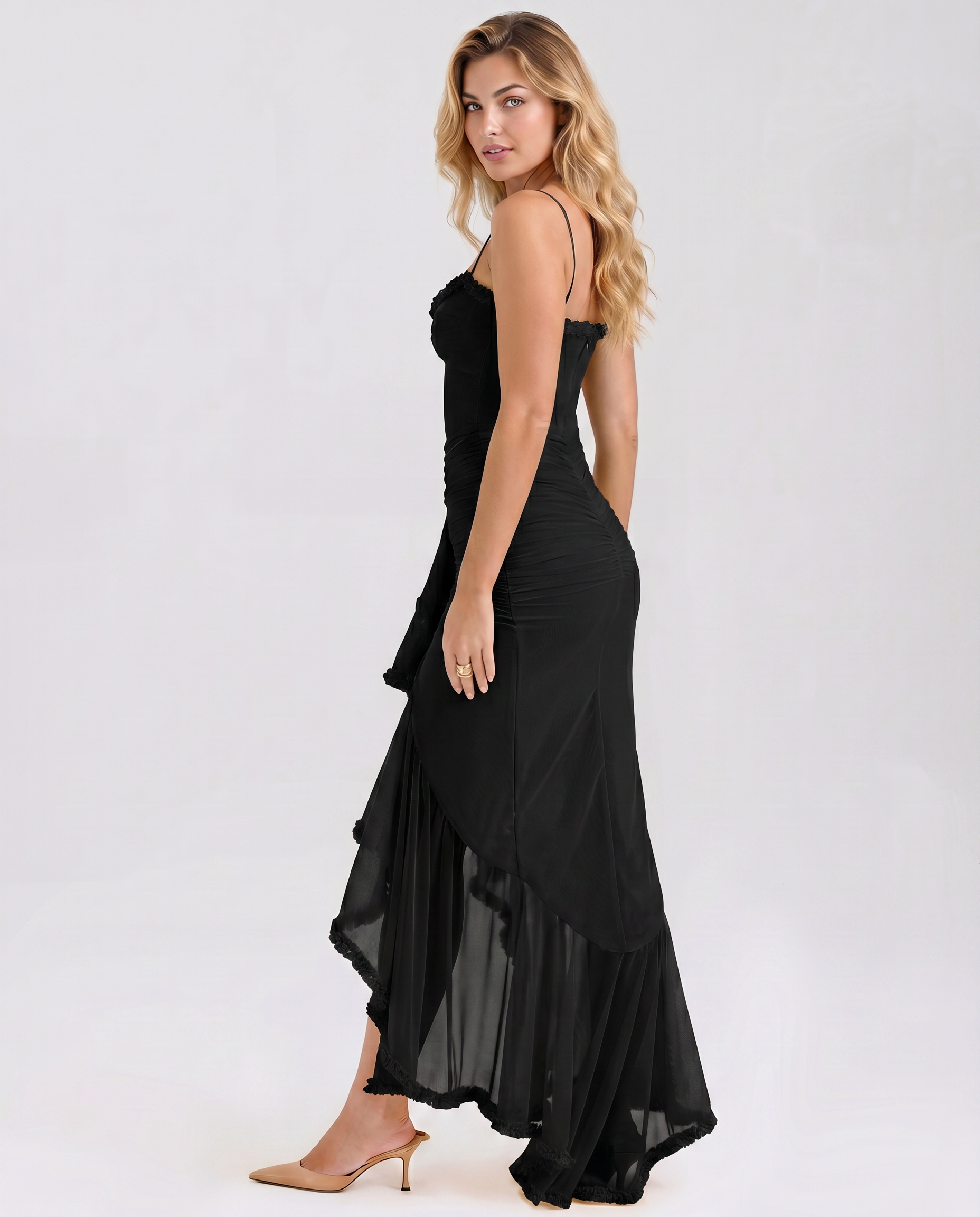 Ruched Mesh High-Low Ruffle Maxi Dress