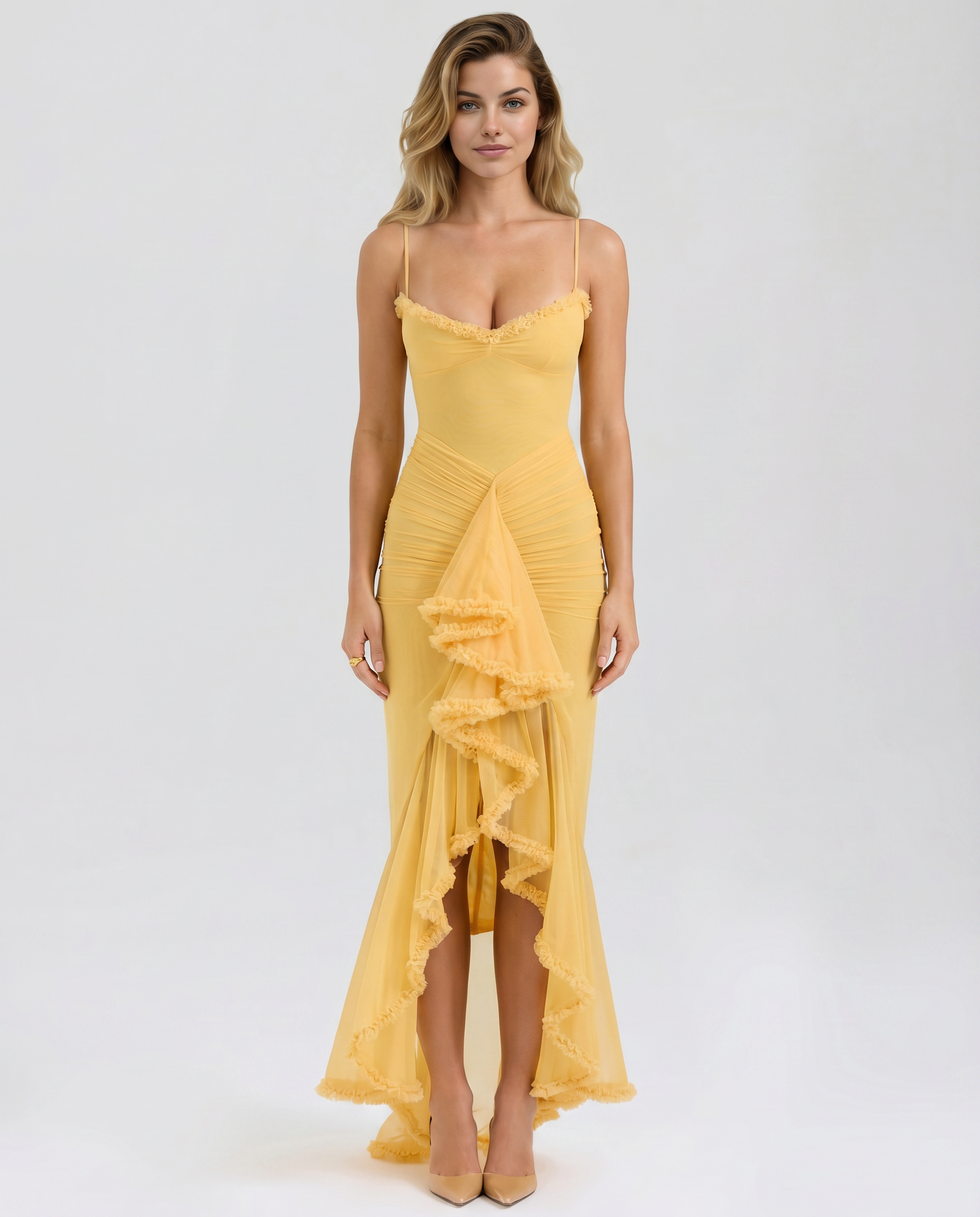 Ruched Mesh High-Low Ruffle Maxi Dress