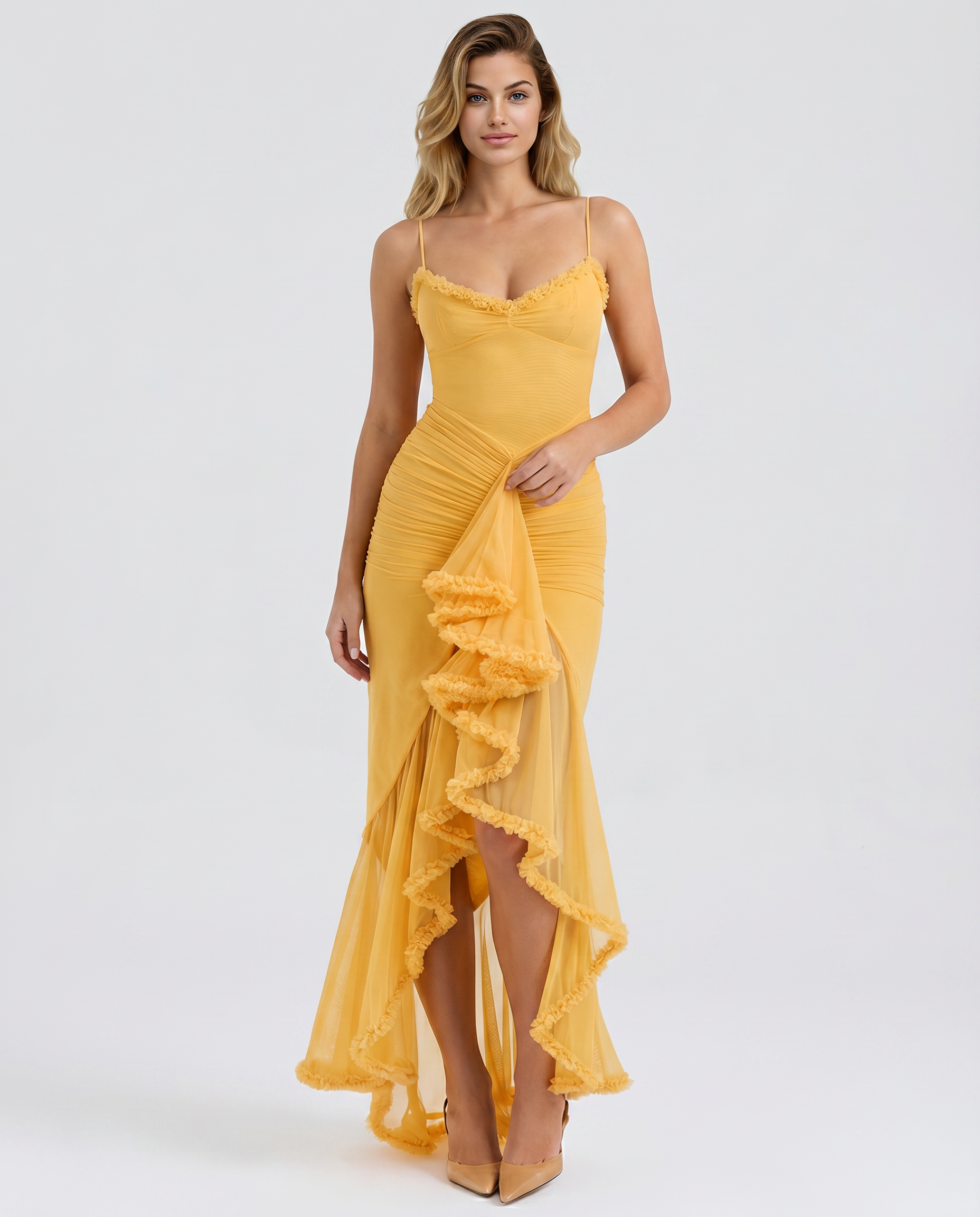 Ruched Mesh High-Low Ruffle Maxi Dress