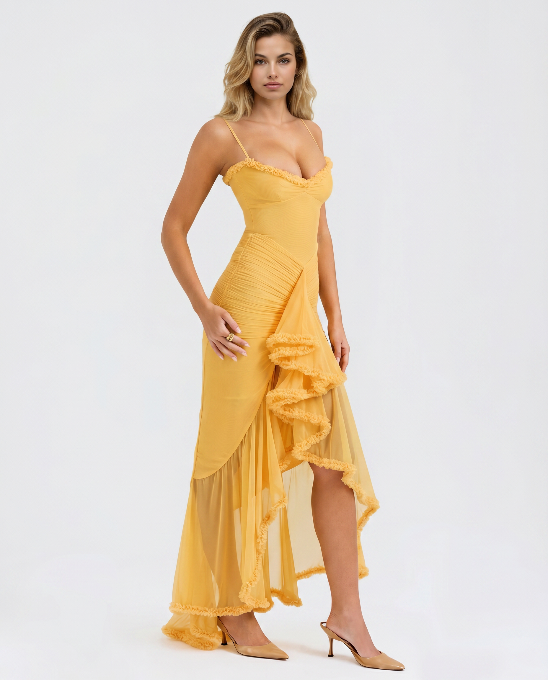 Ruched Mesh High-Low Ruffle Maxi Dress