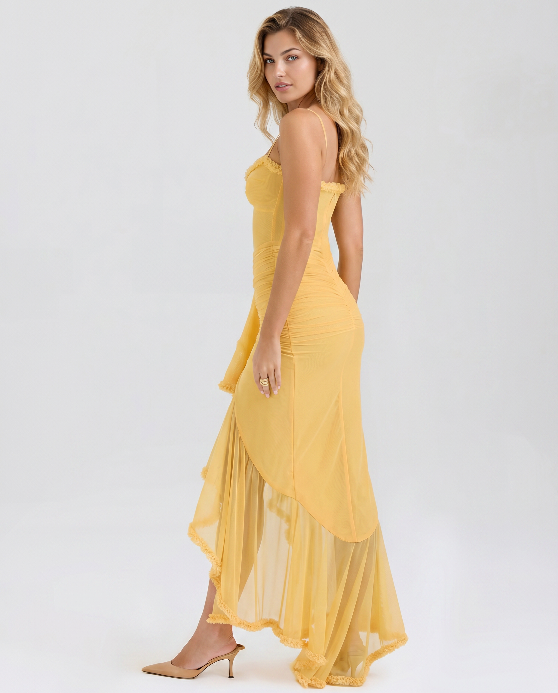 Ruched Mesh High-Low Ruffle Maxi Dress