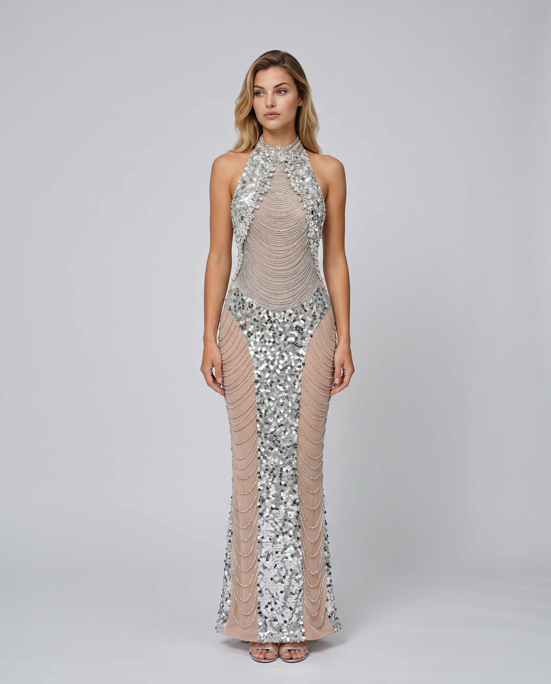 Sequin Halter Open Back Maxi Gown