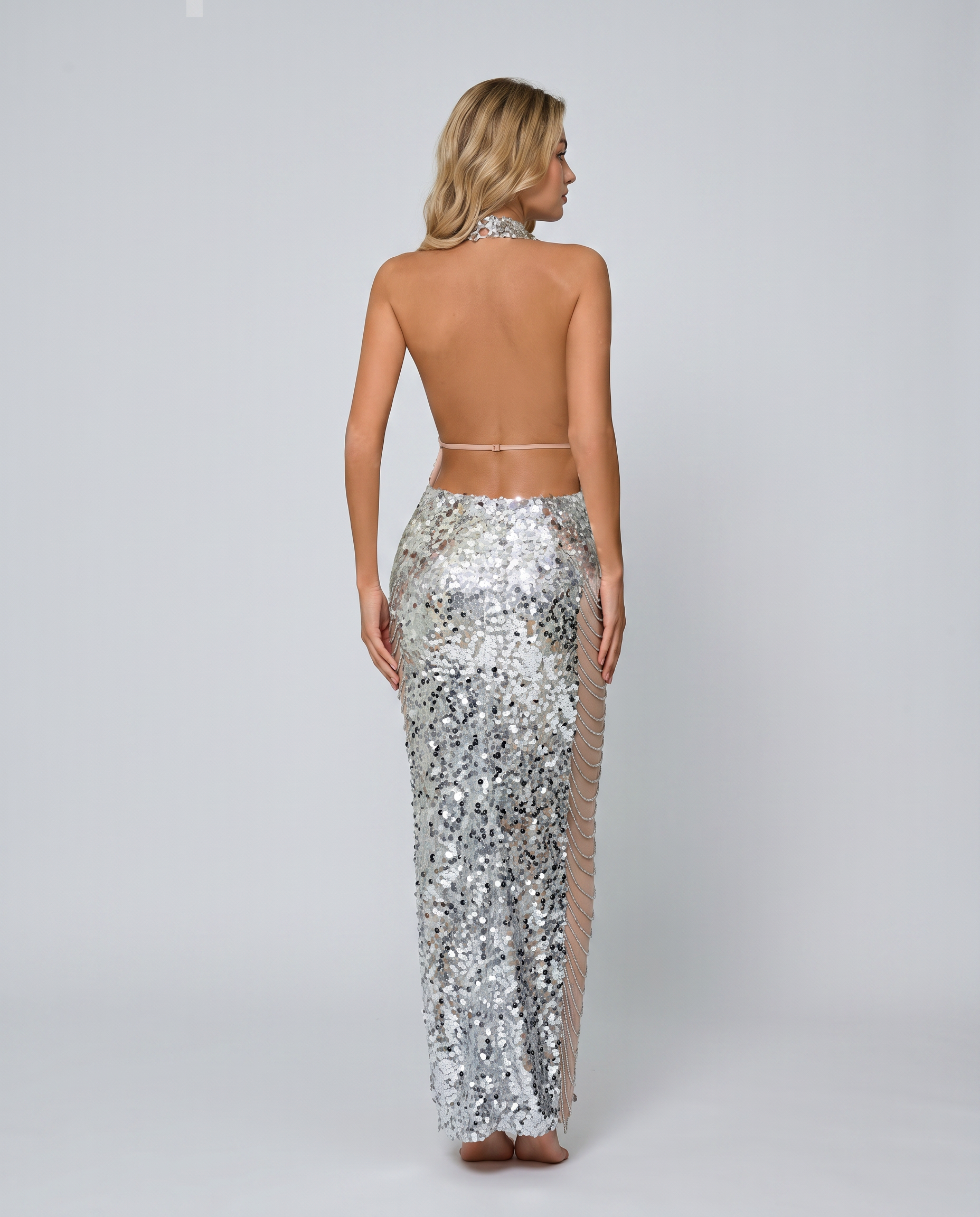 Sequin Halter Open Back Maxi Gown