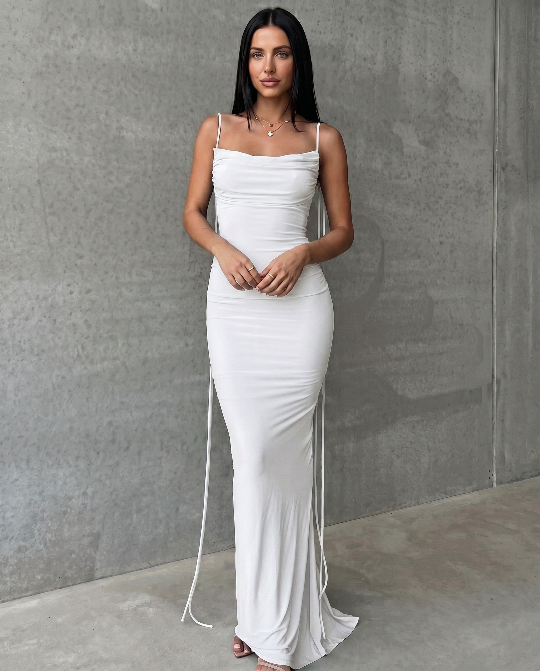 Ruched Open Back Fishtail Maxi Dress