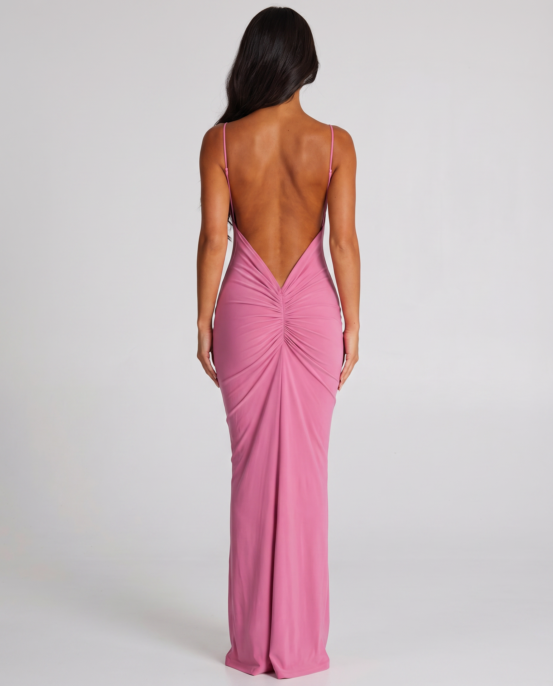 Ruched Open Back Fishtail Maxi Dress