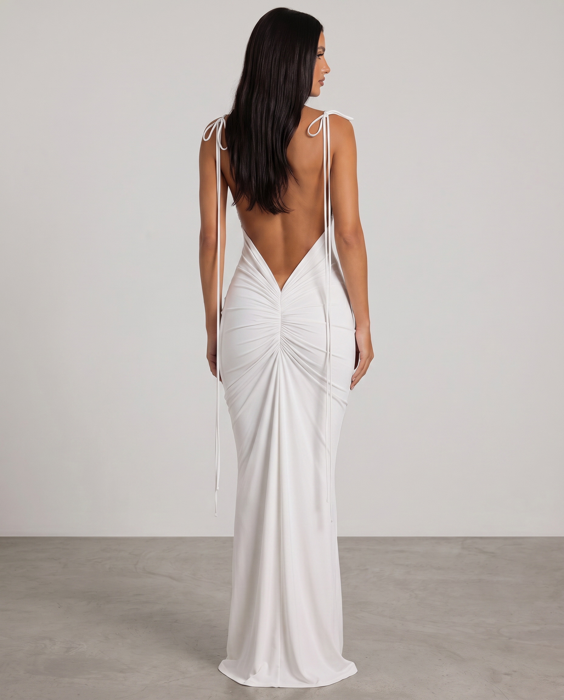 Ruched Open Back Fishtail Maxi Dress