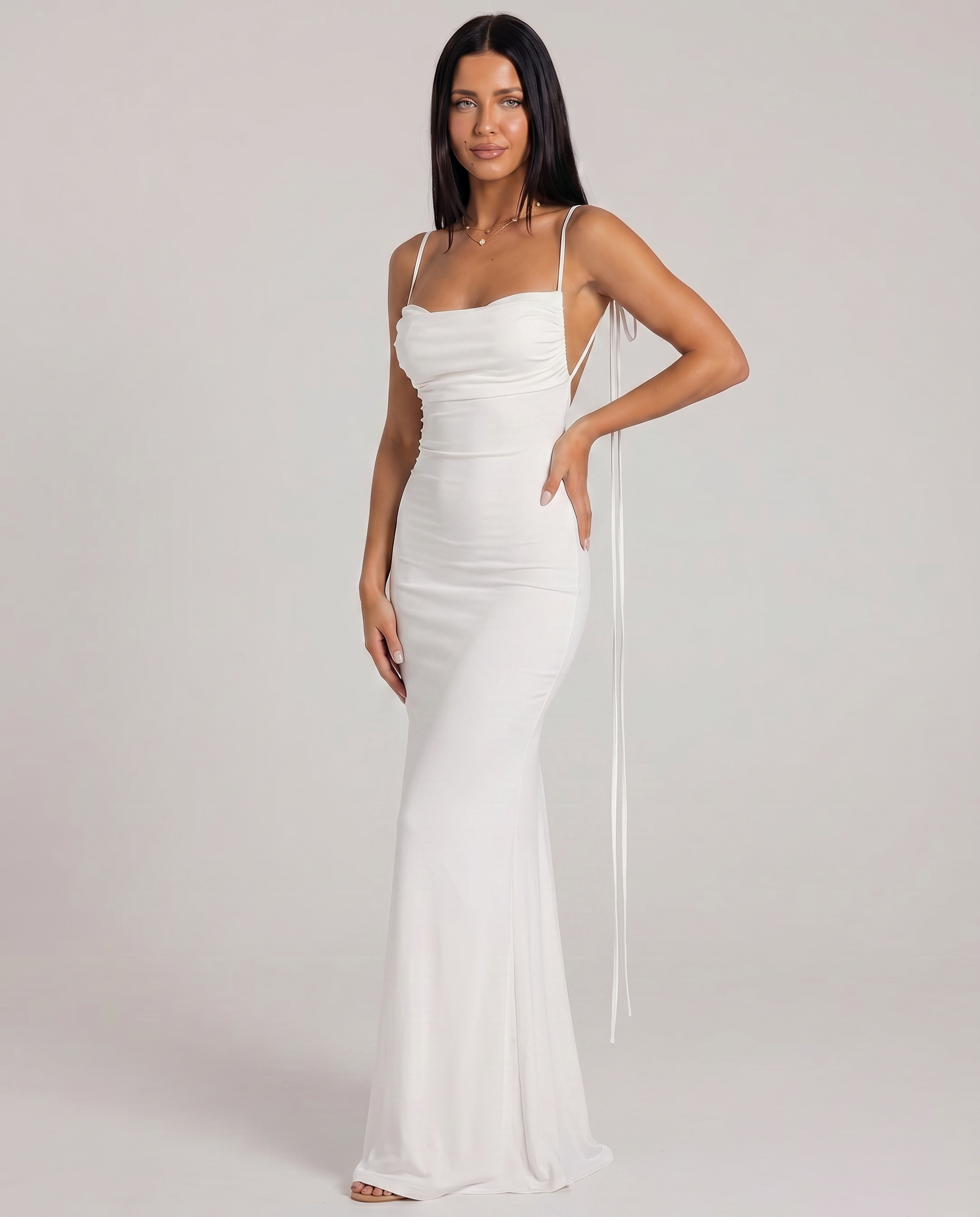 Ruched Open Back Fishtail Maxi Dress