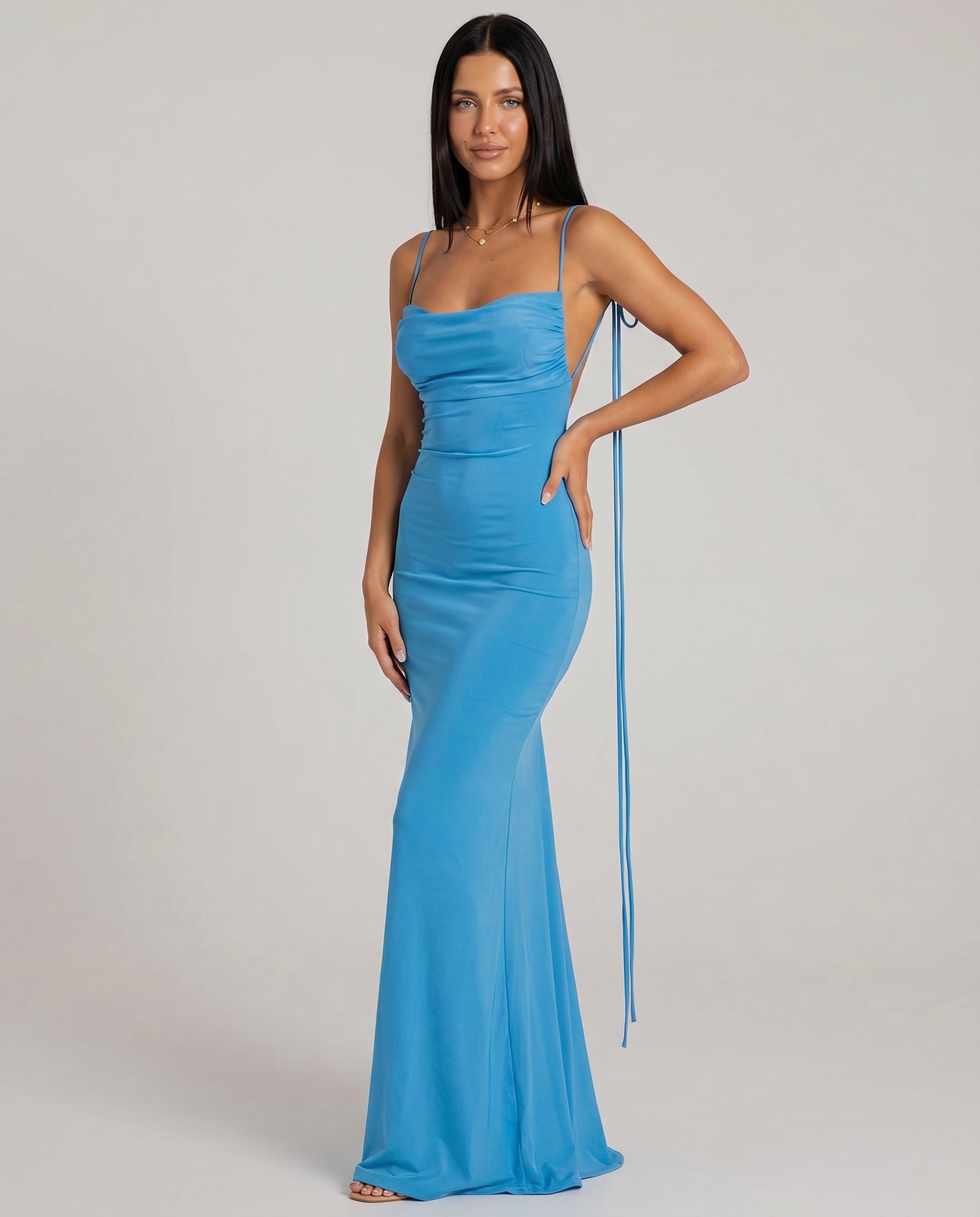 Ruched Open Back Fishtail Maxi Dress