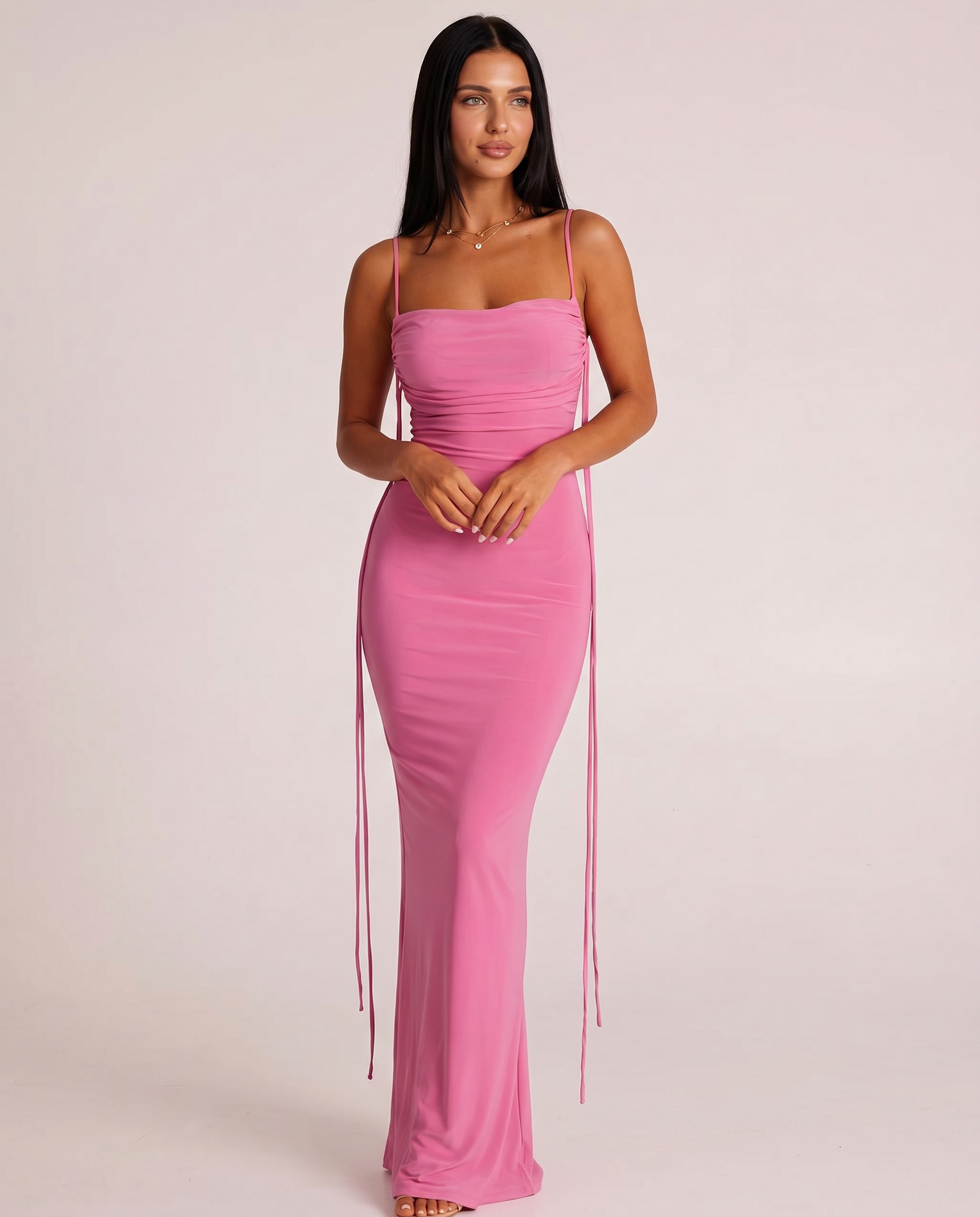 Ruched Open Back Fishtail Maxi Dress