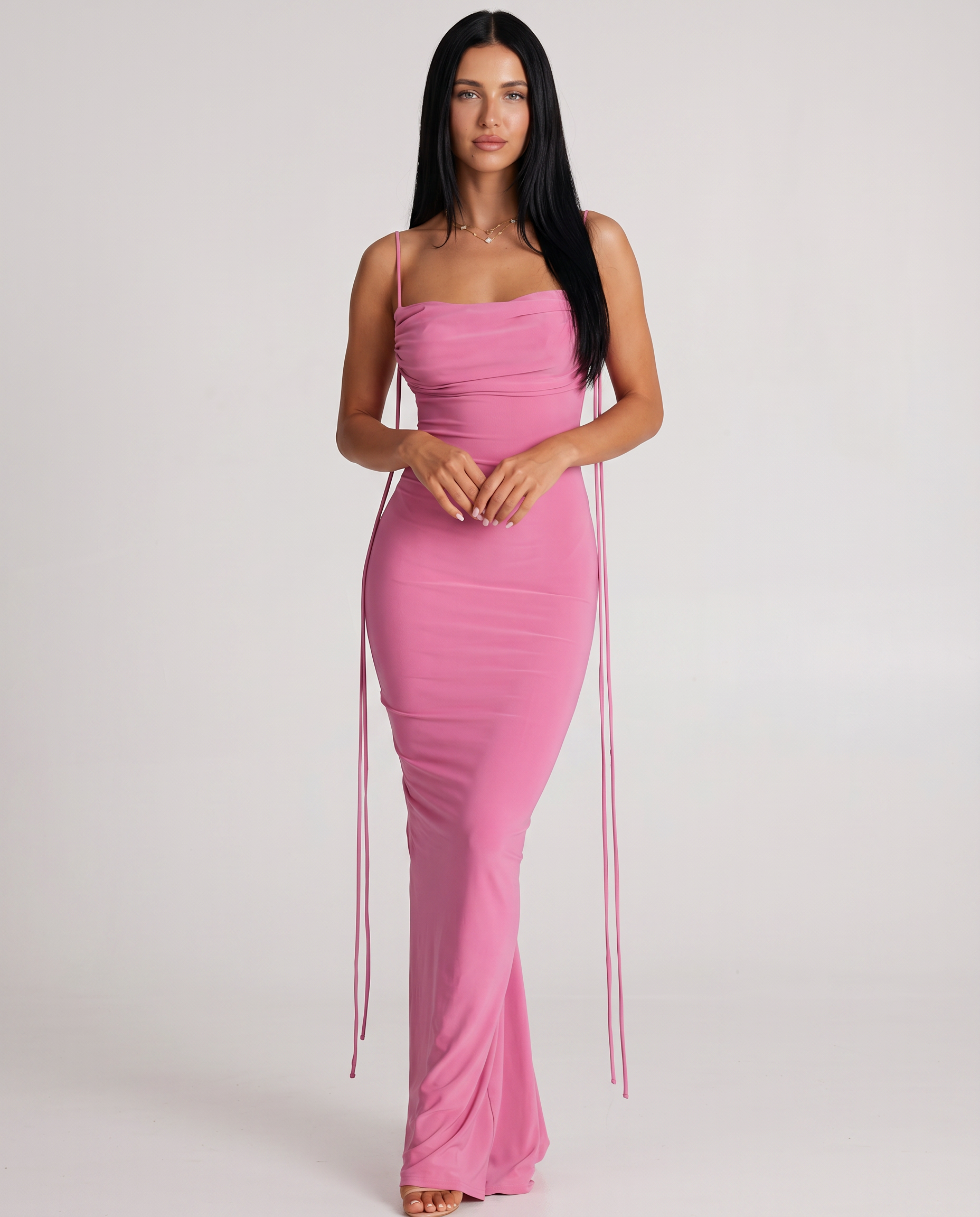 Ruched Open Back Fishtail Maxi Dress