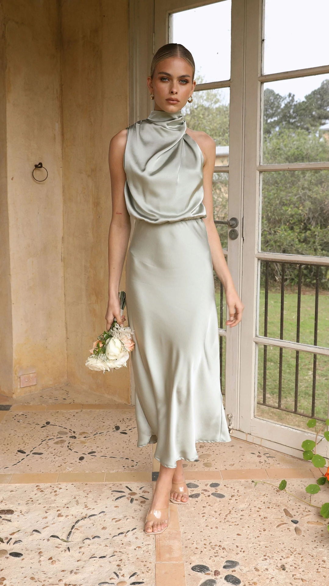 High Neck Draped Midi Dress