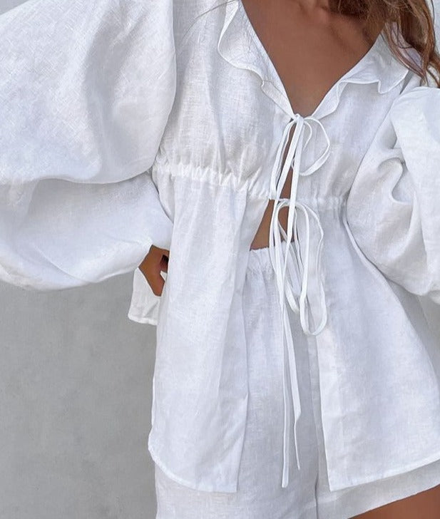 Linen Ruffle Blouse & Shorts Set