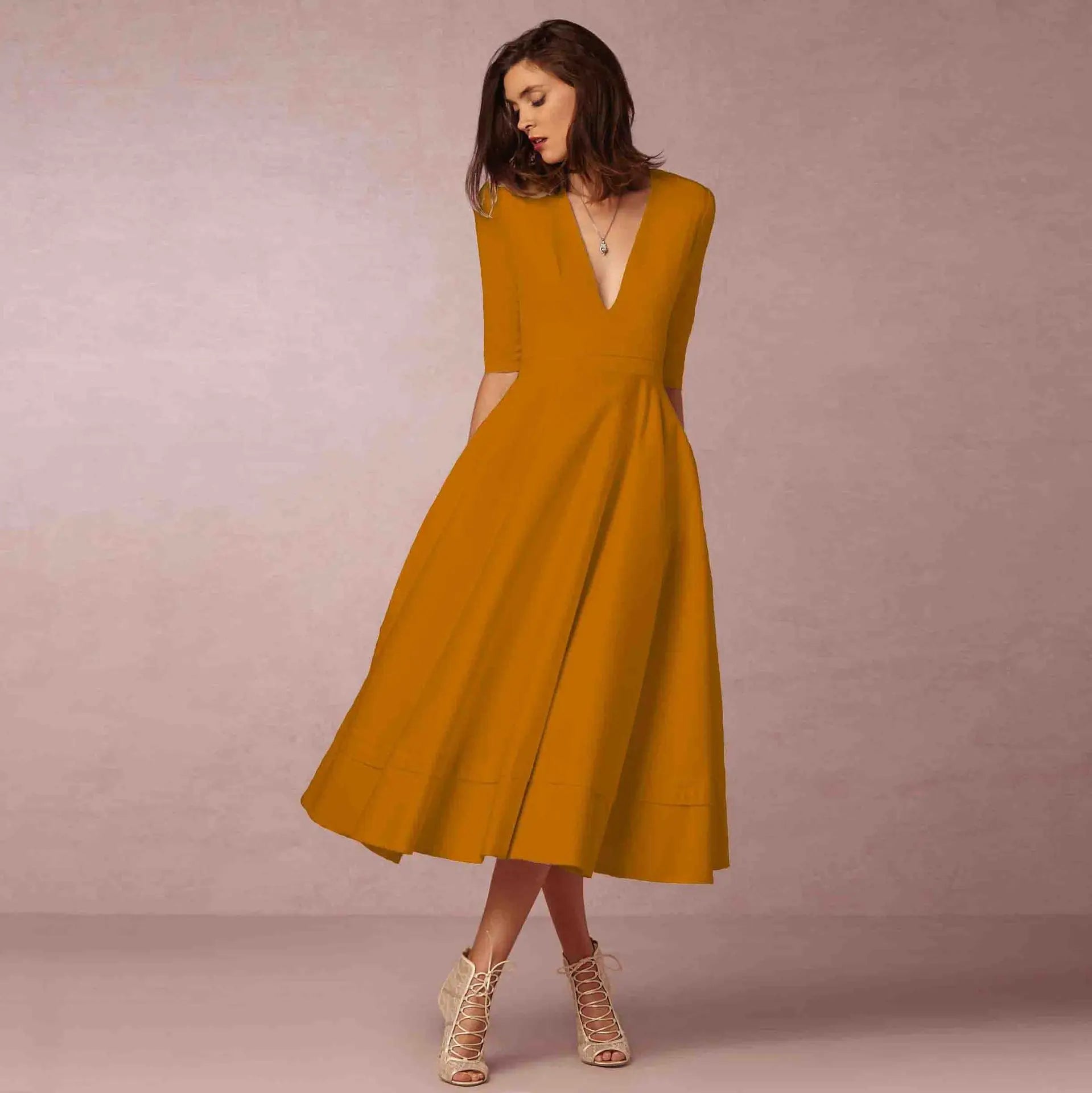 V-Neck Fit & Flare Midi Dress