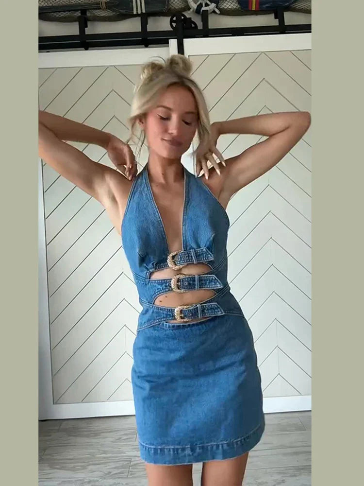 Denim Halter Buckle Mini Dress