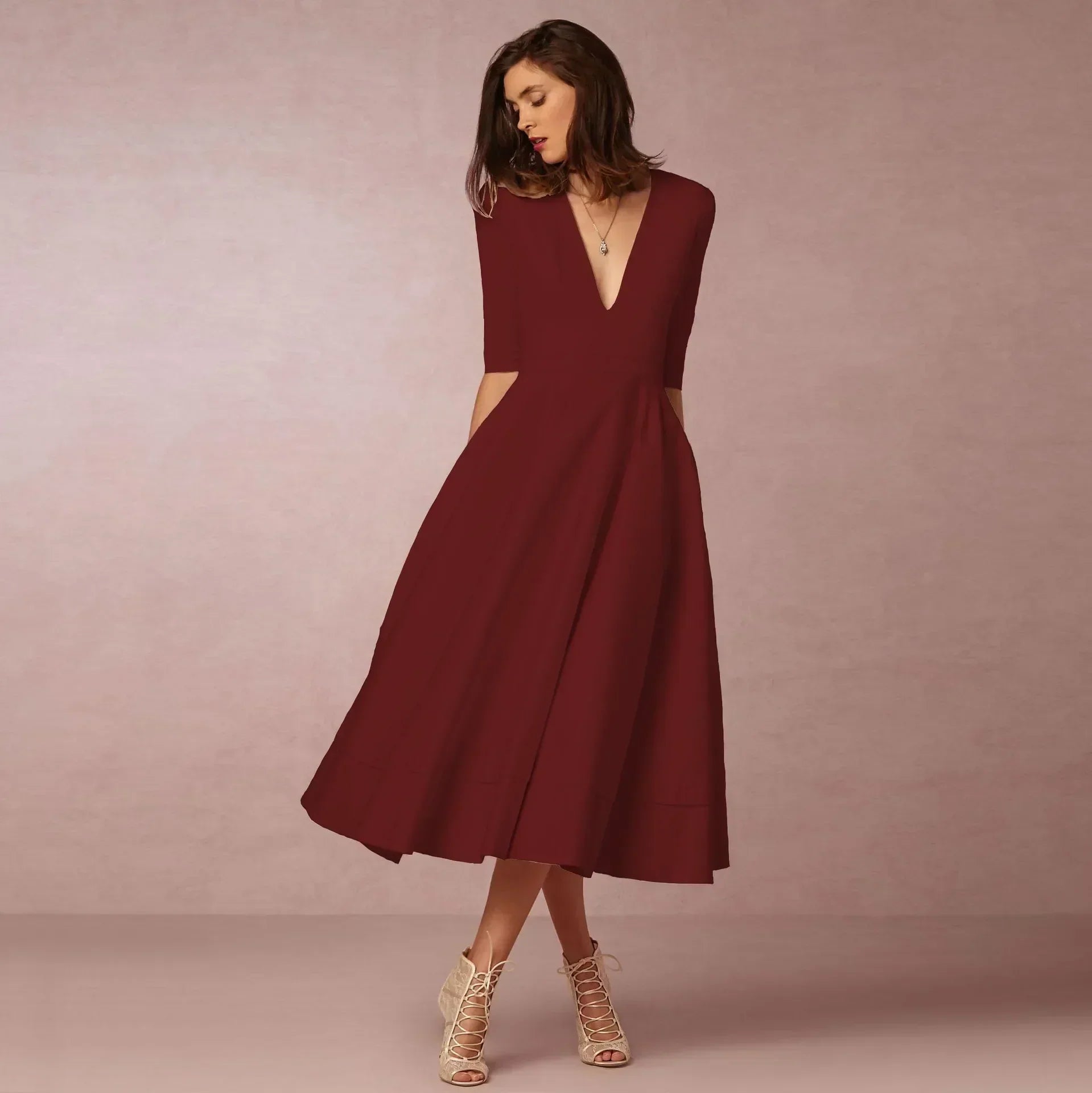 V-Neck Fit & Flare Midi Dress