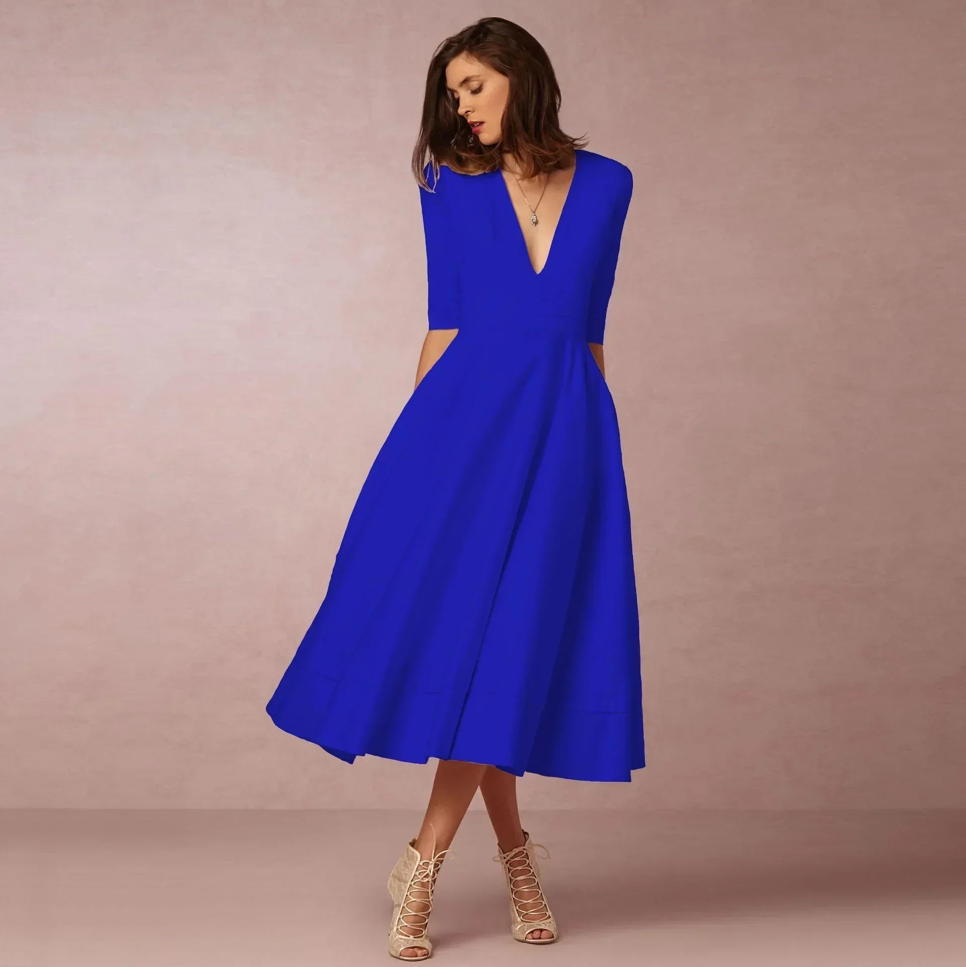 V-Neck Fit & Flare Midi Dress