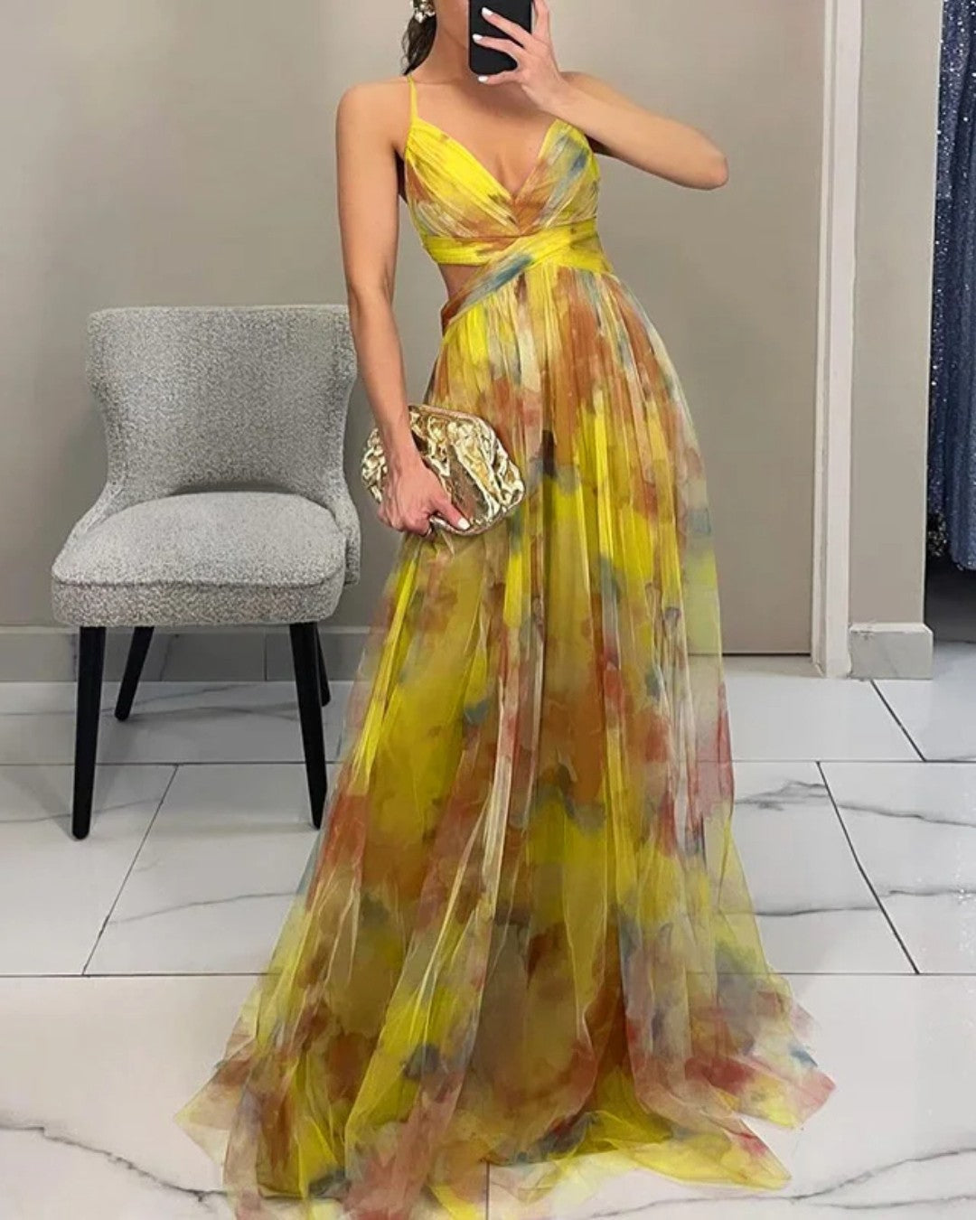 Watercolour Pleated Maxi Dress