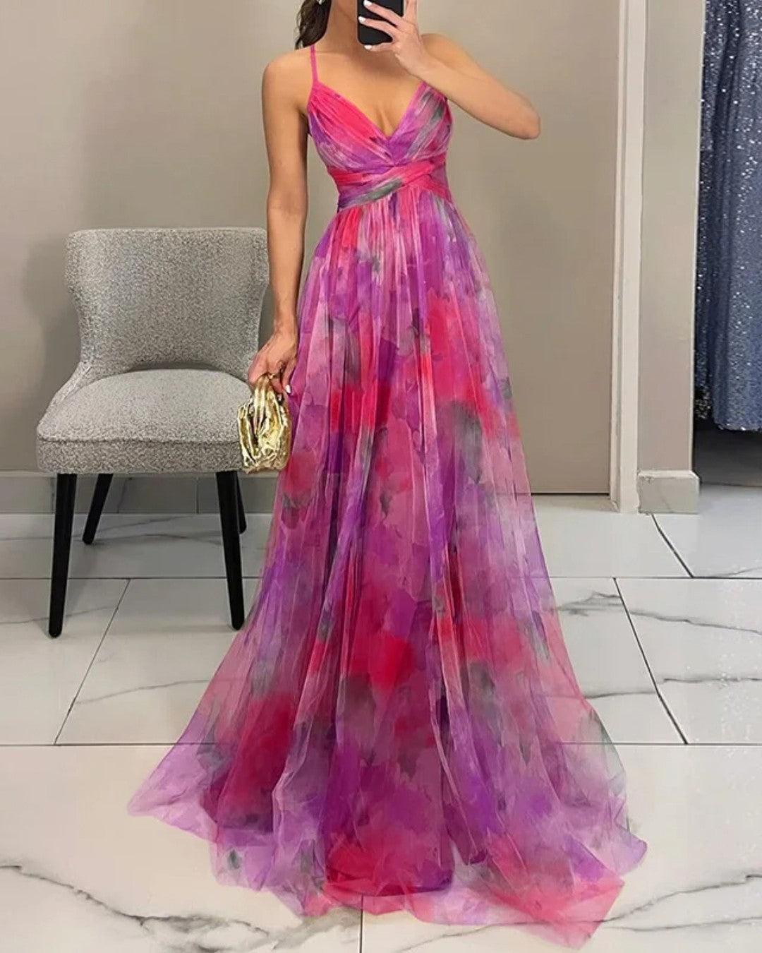 Watercolour Pleated Maxi Dress