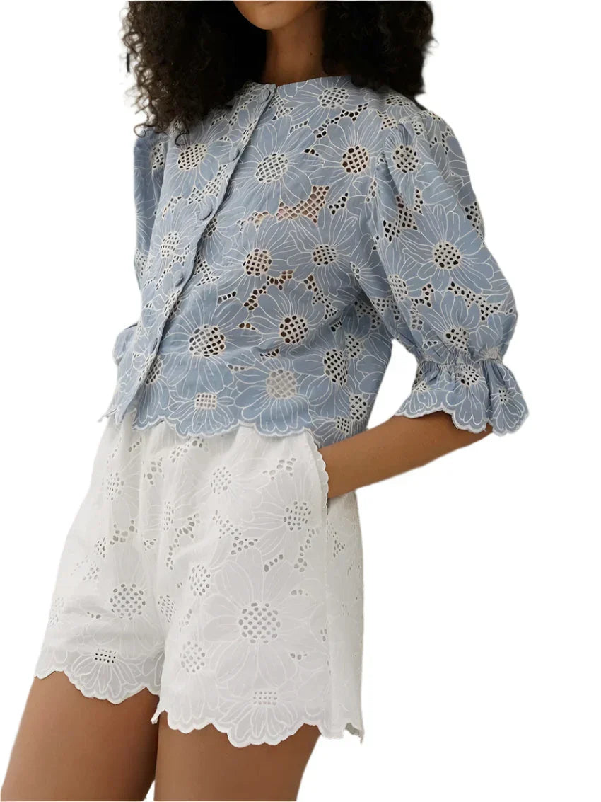 Eyelet Puff Sleeve Cropped Blouse
